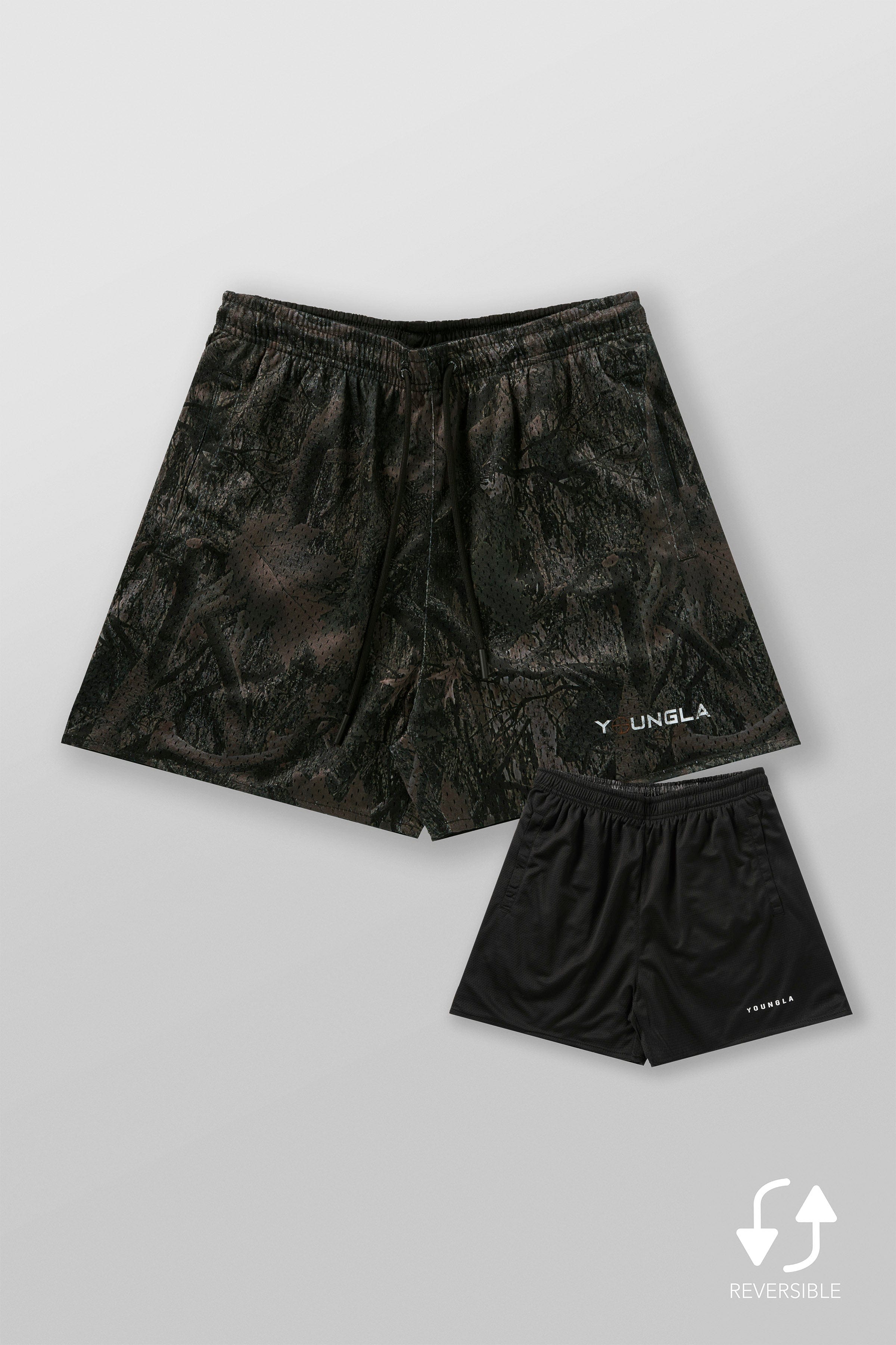 Rear view highlighting the functional pockets and tapered fit of the mesh shorts