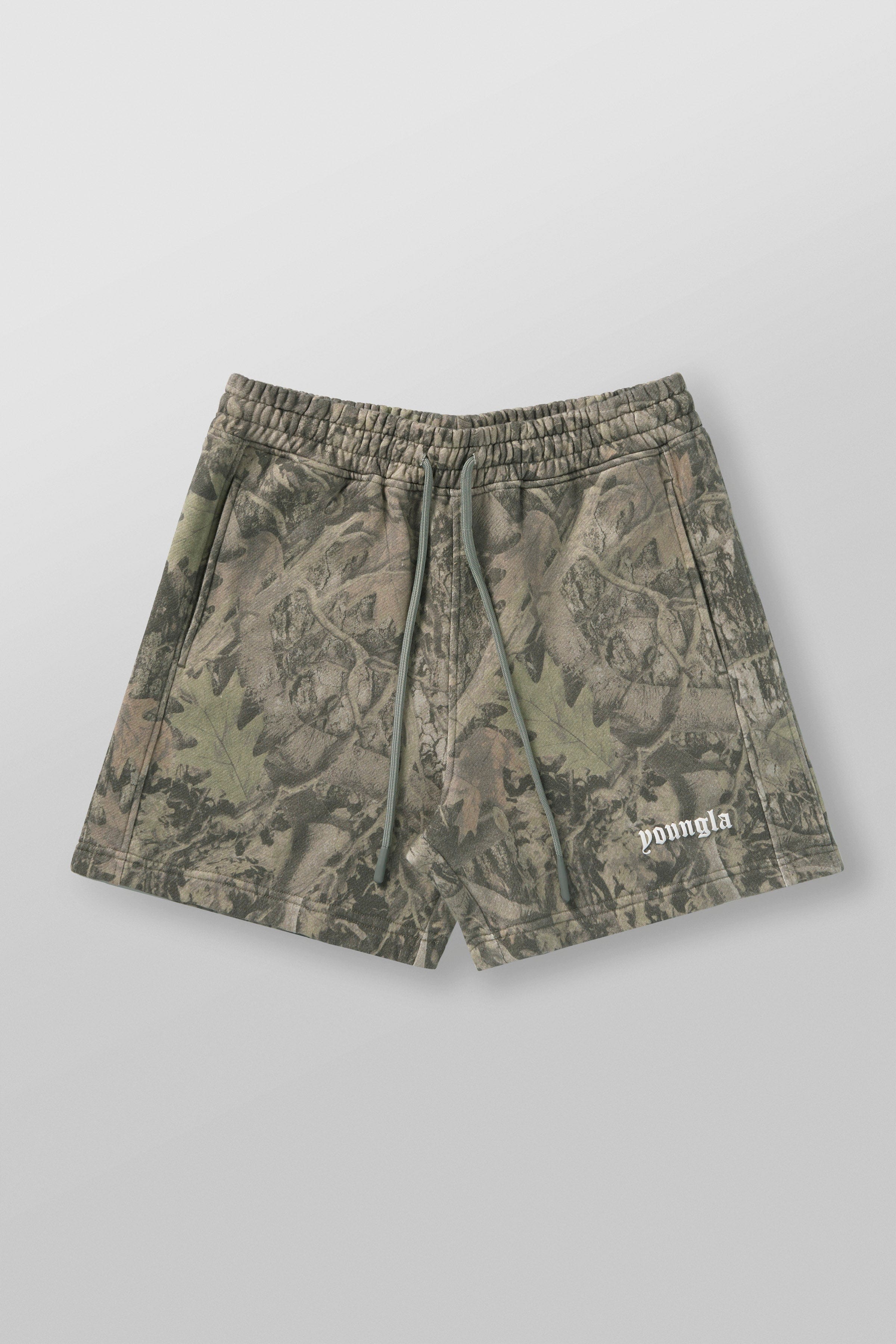 Close-up of cargo pockets and camo pattern on shorts.