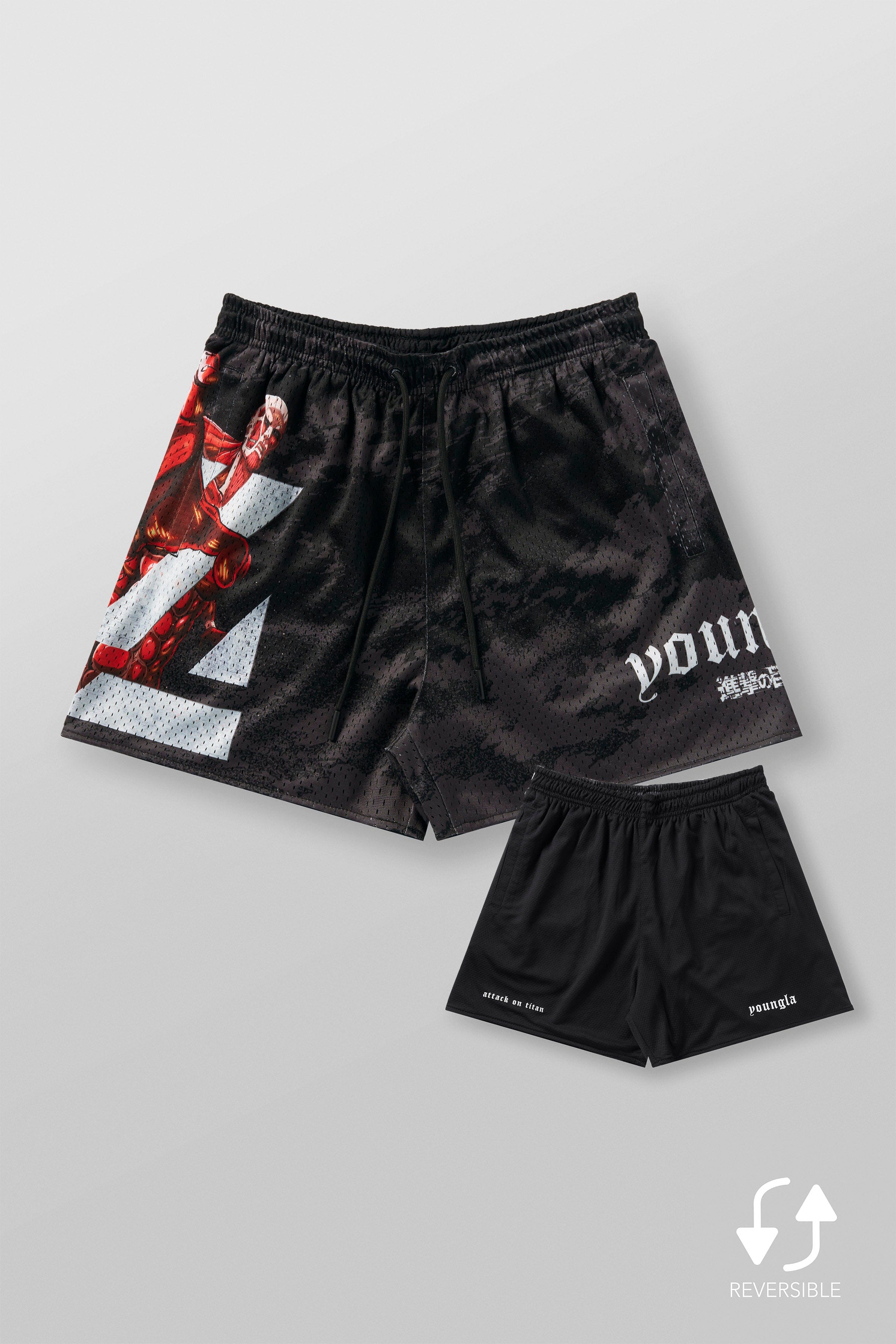 Front view of Attack on Titan mesh shorts showcasing the Titan graphic.