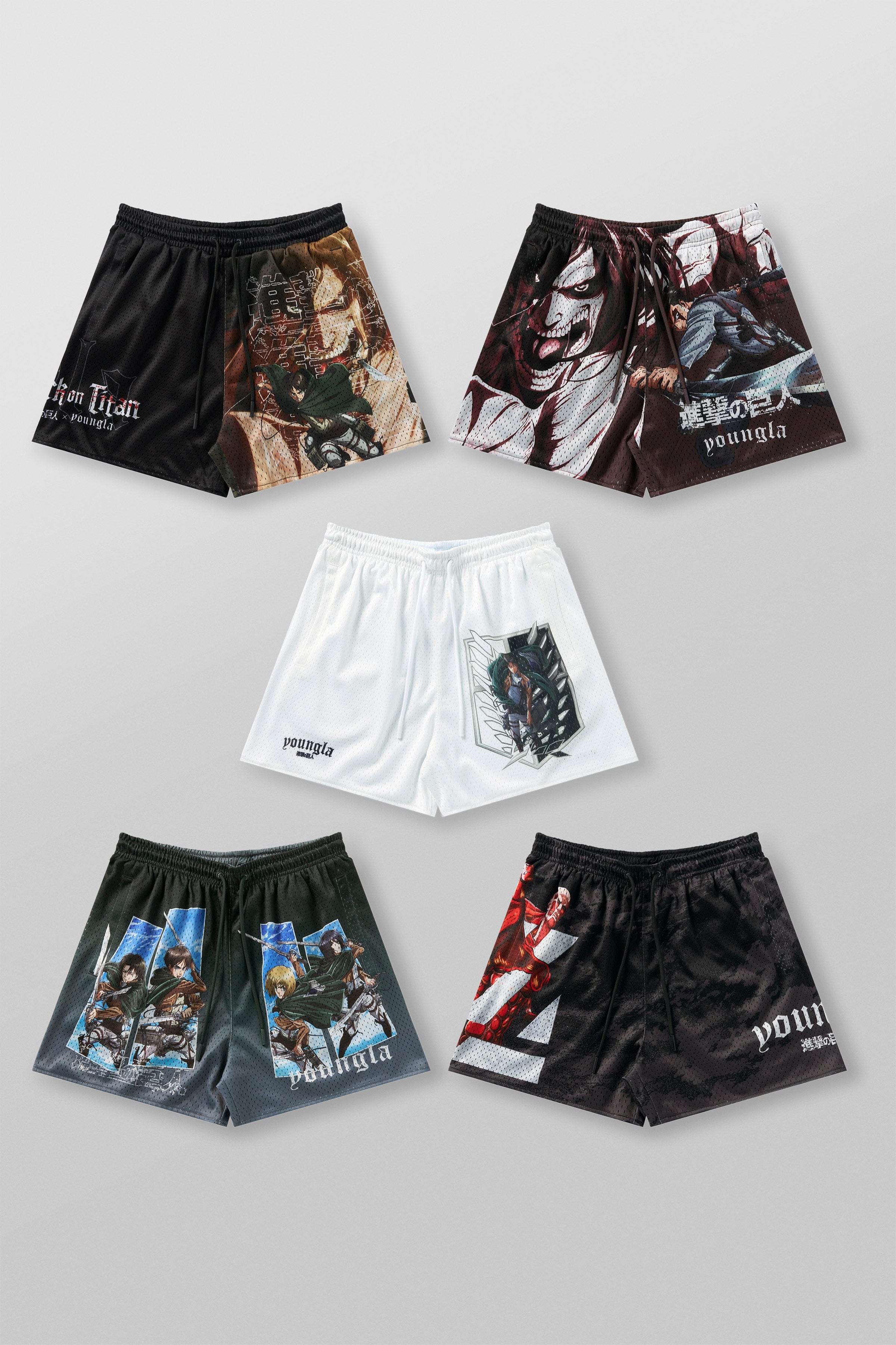 Front view of Attack on Titan mesh shorts showcasing the Titan graphic.