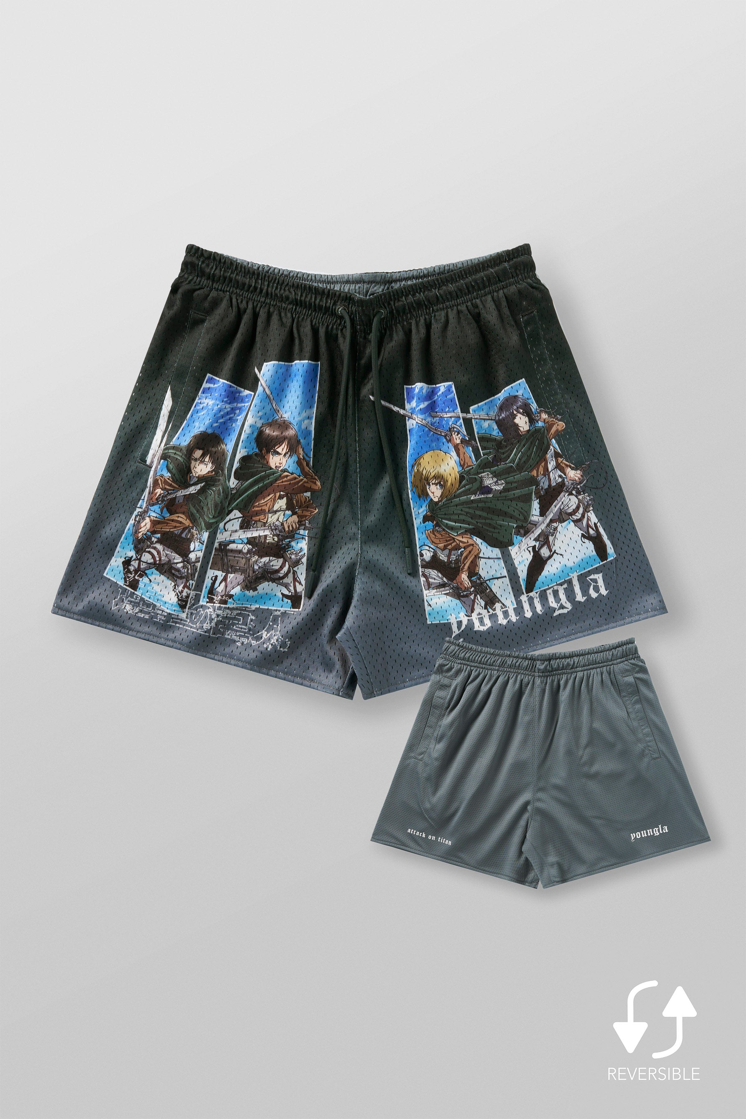 Front view of Attack on Titan mesh shorts showcasing the Titan graphic.