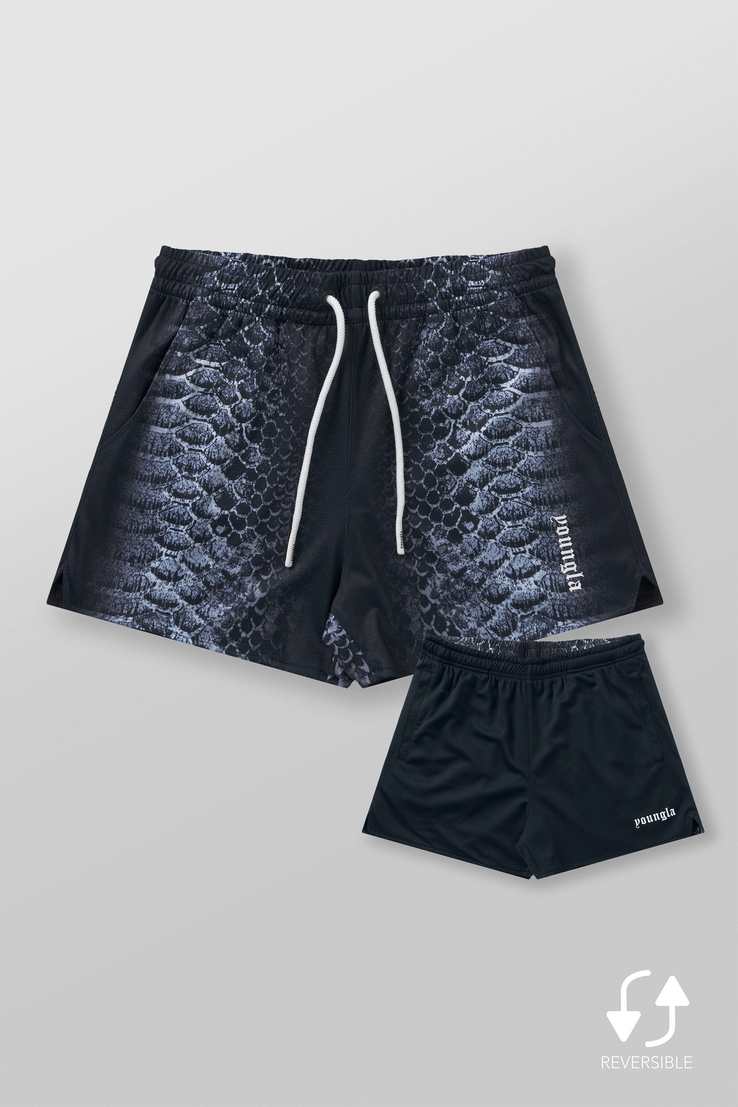 Front view of reversible animal print mesh shorts for men, showcasing the vibrant design.