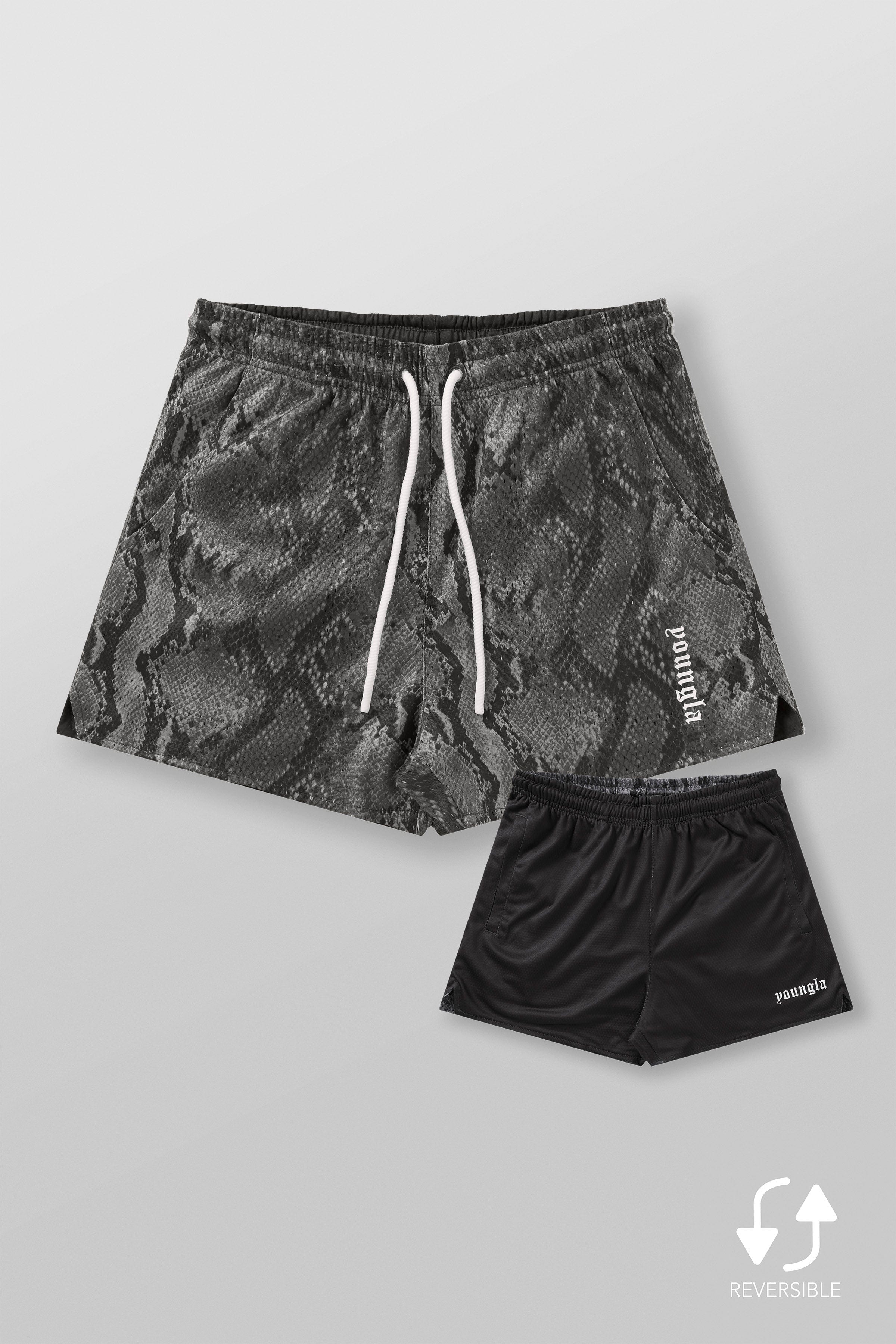 Back view of mens mesh shorts, highlighting the solid color when flipped inside out.