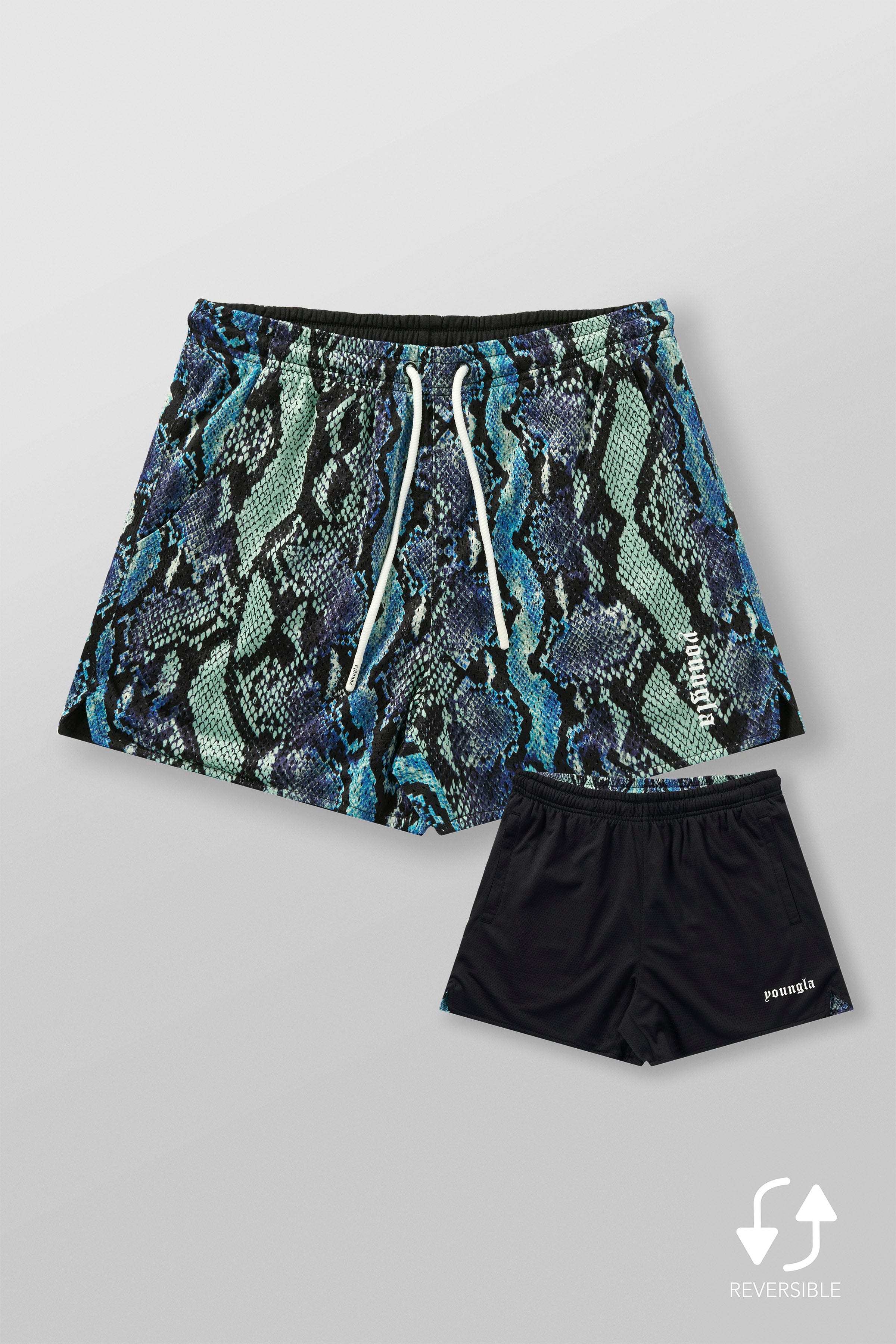 Model wearing reversible animal print shorts, demonstrating their comfortable fit.