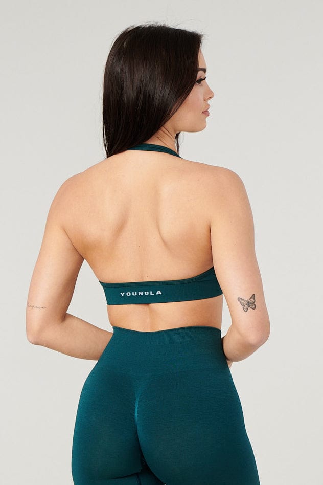 Side angle showing seamless bra sports fit and breathable fabric