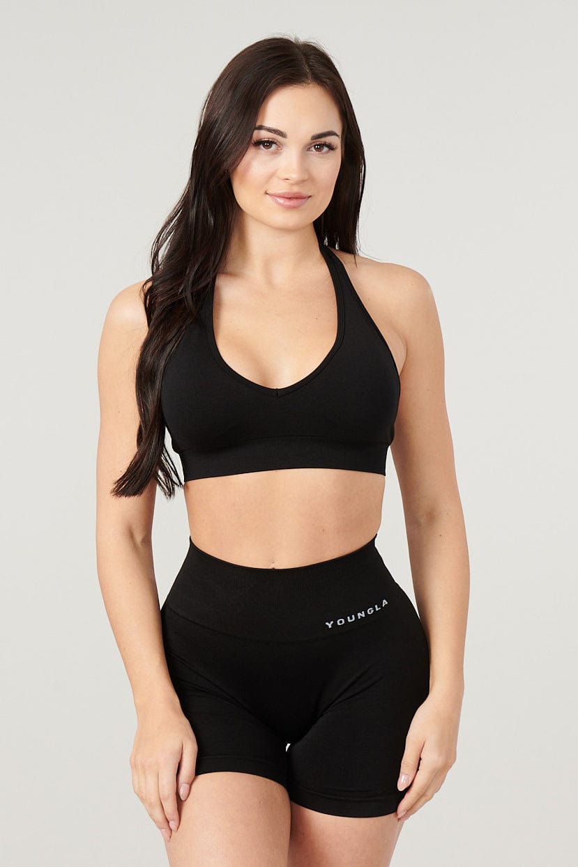 Side angle showing seamless bra sports fit and breathable fabric