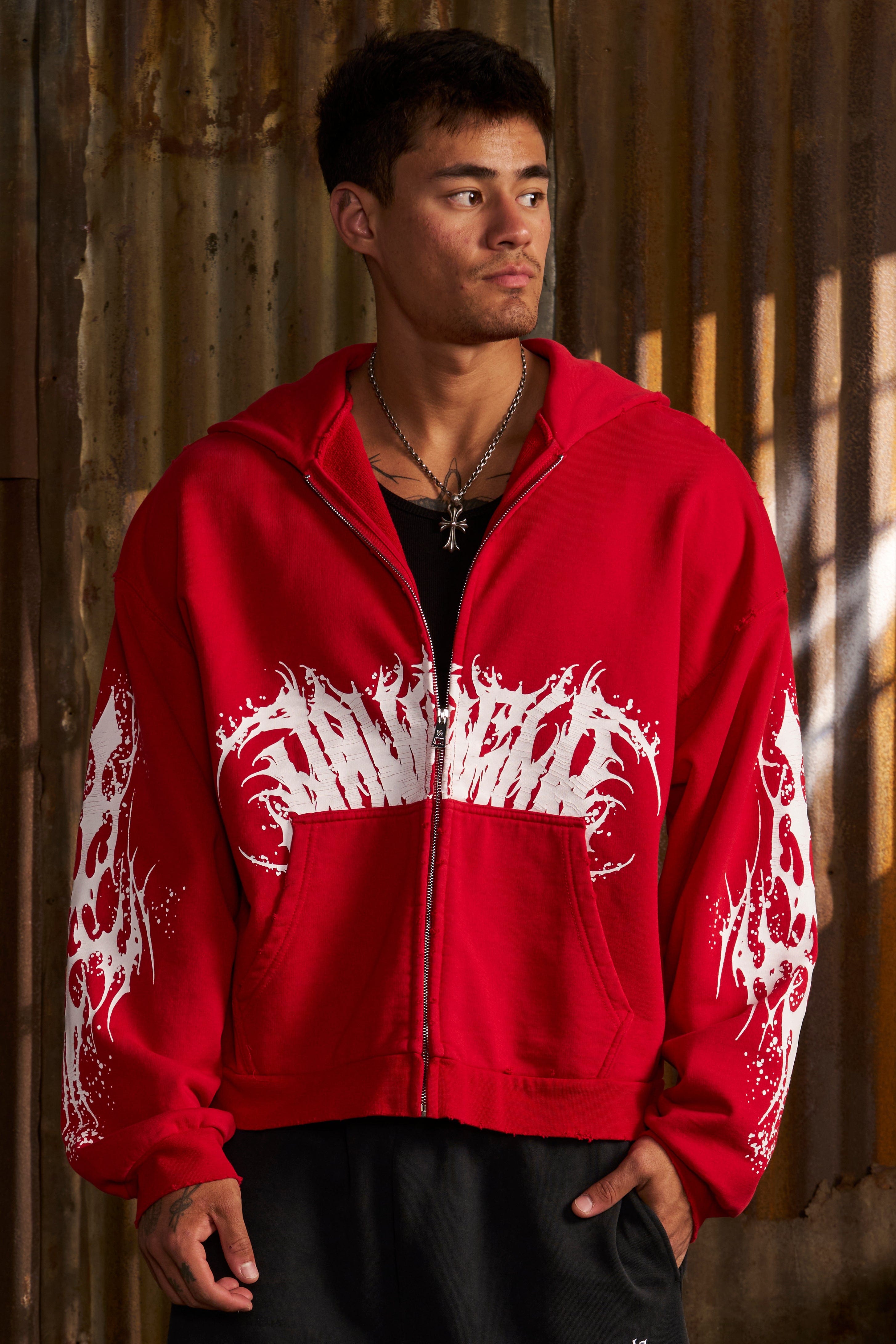 Front view of the Venom zip-up hoodie with bold graphics and premium cotton fabric