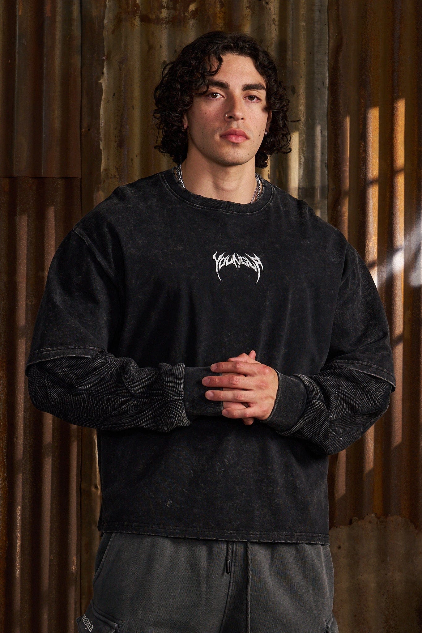 Front view of Shadow Twofer Long Sleeve T-Shirt in vintage style.