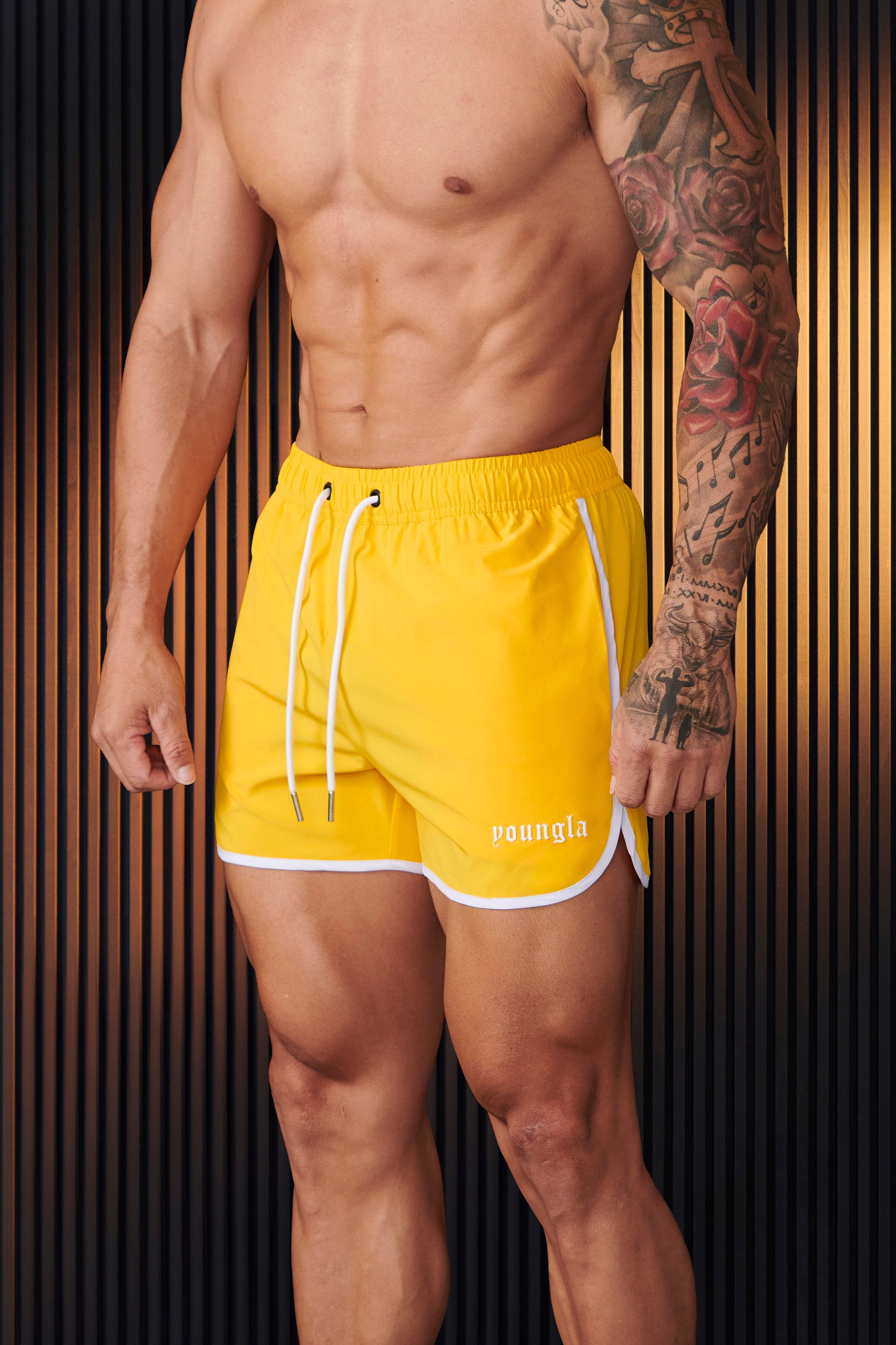 Close-up of high-density rubber logo on gym shorts