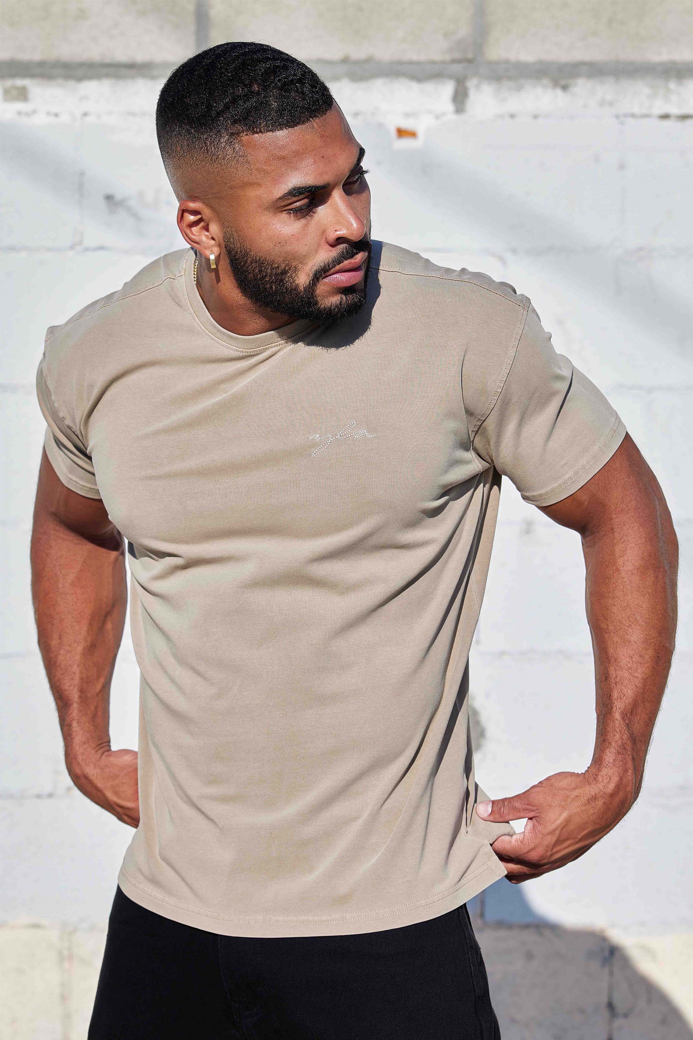 Close-up of tailored tee sleeve fit highlighting biceps contour