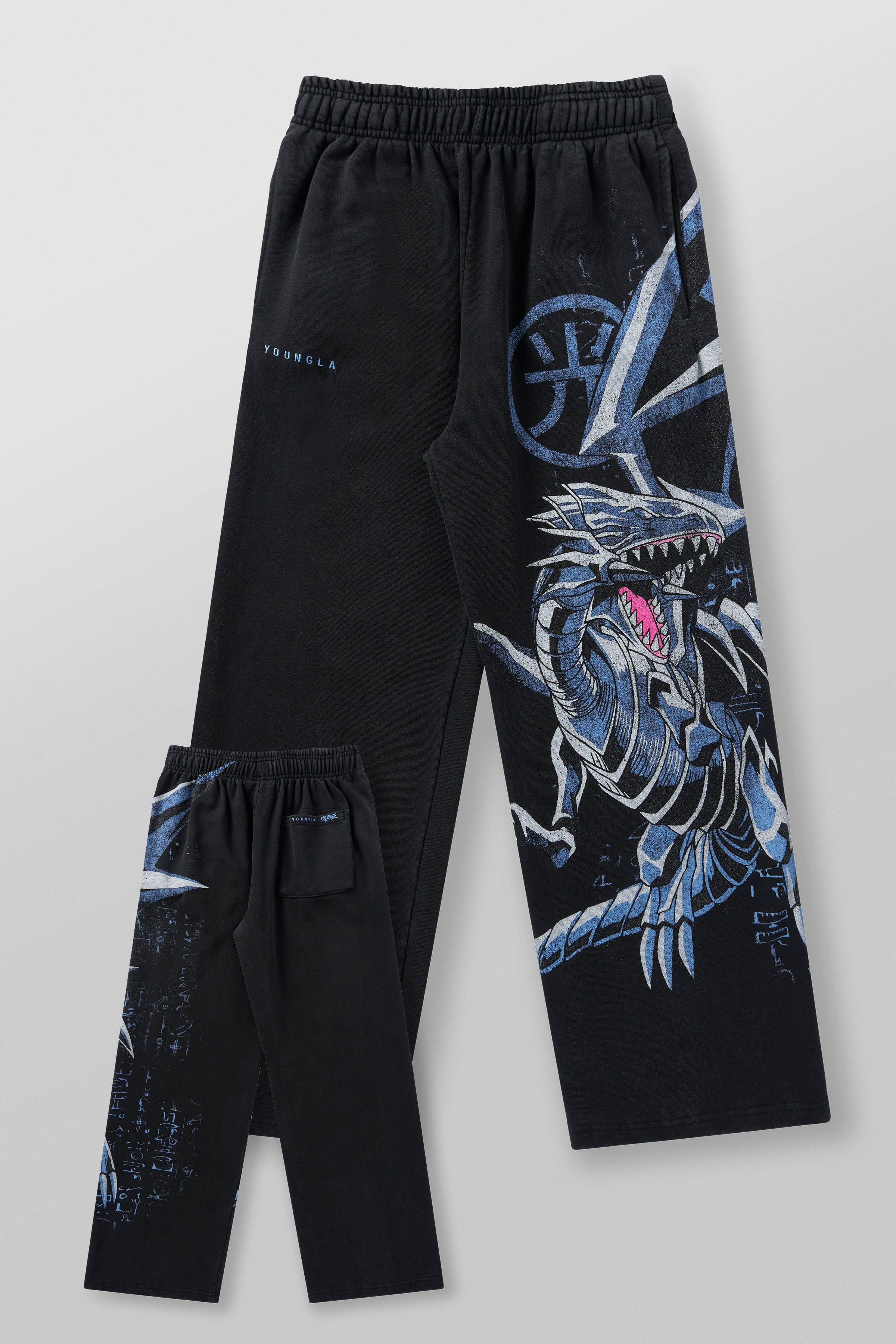 Front view of baggy gray sweatpants with Yu-Gi-Oh! graphic print