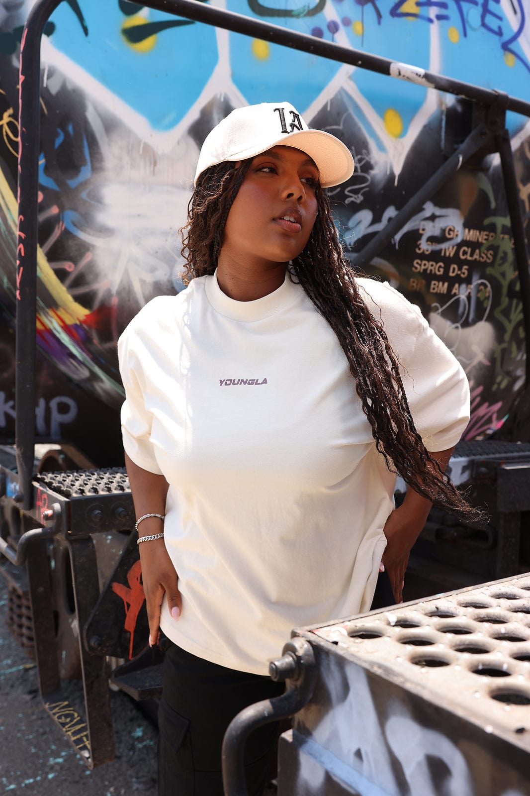 Close-up of the higher ribbed neckline on oversized tees