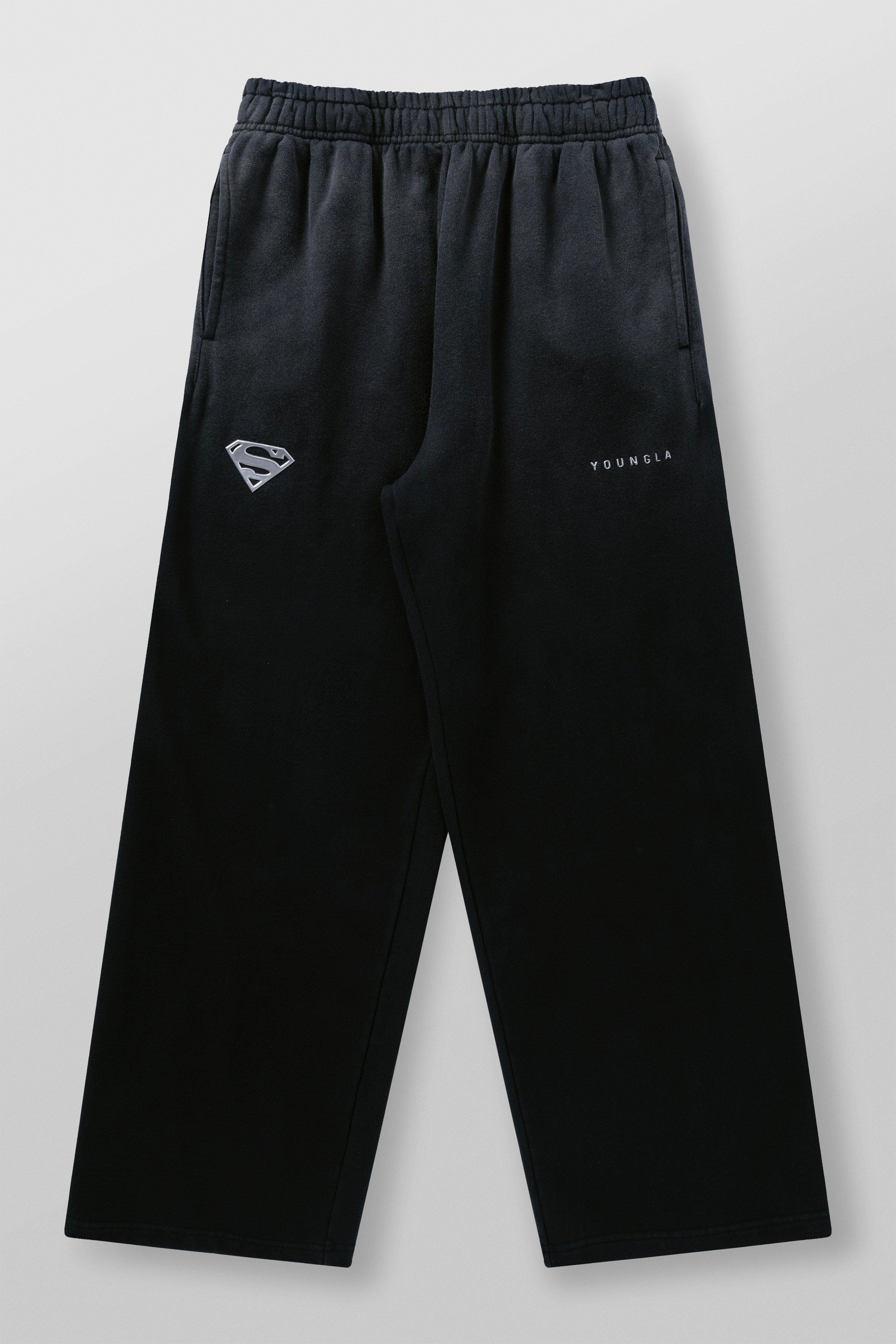 Close-up of YoungLA chrome logo on left leg