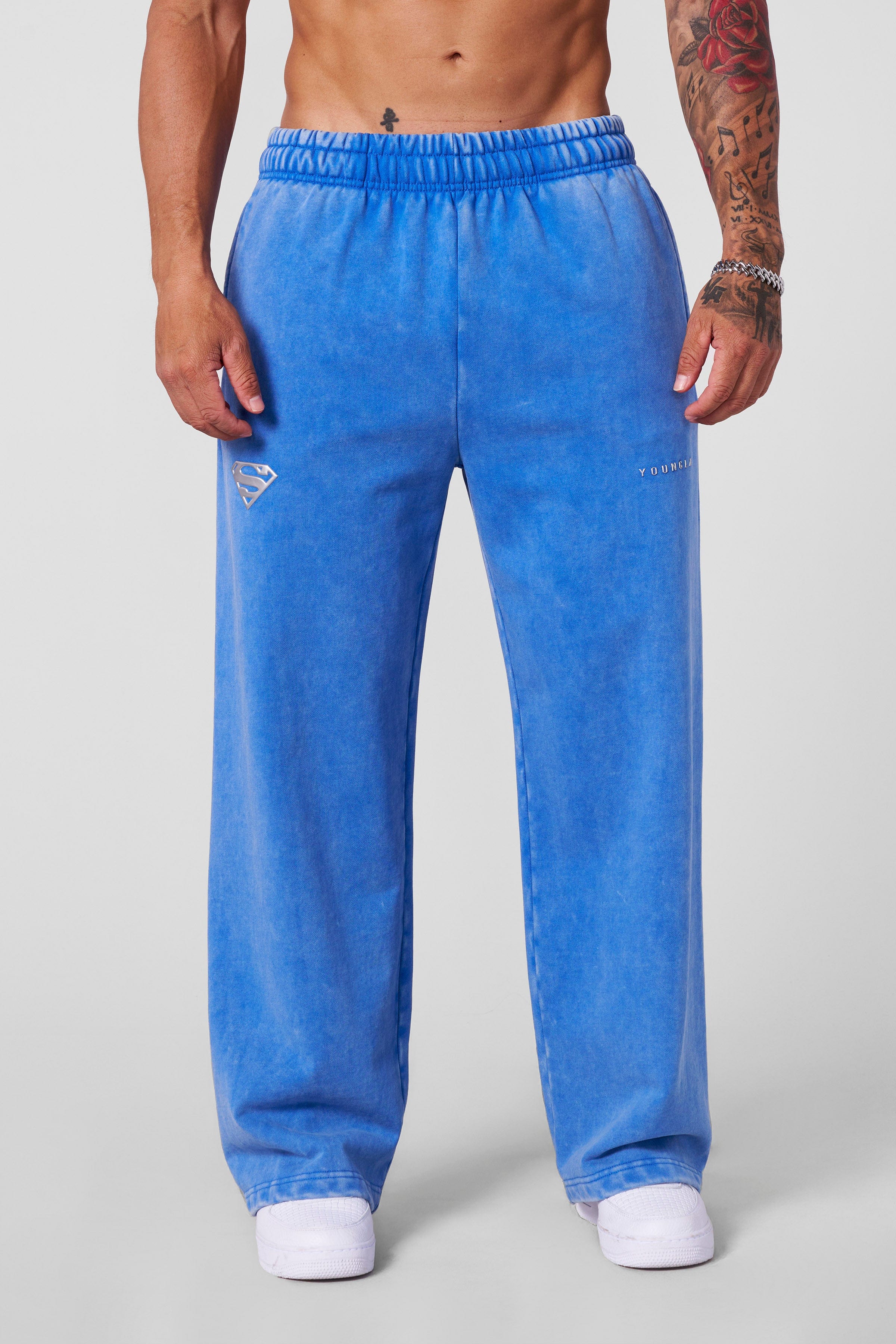 Superman sweats front view showing acid wash and logo detailing