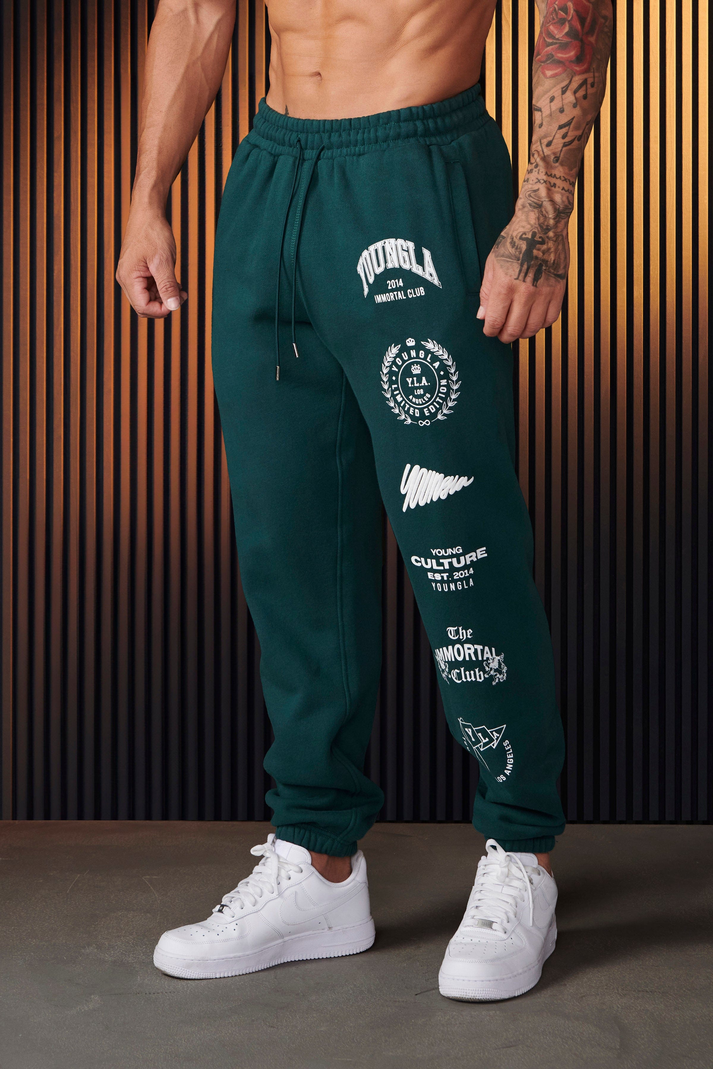 Front view of Immortal Killer Joggers with puff printed graphic for streetwear style