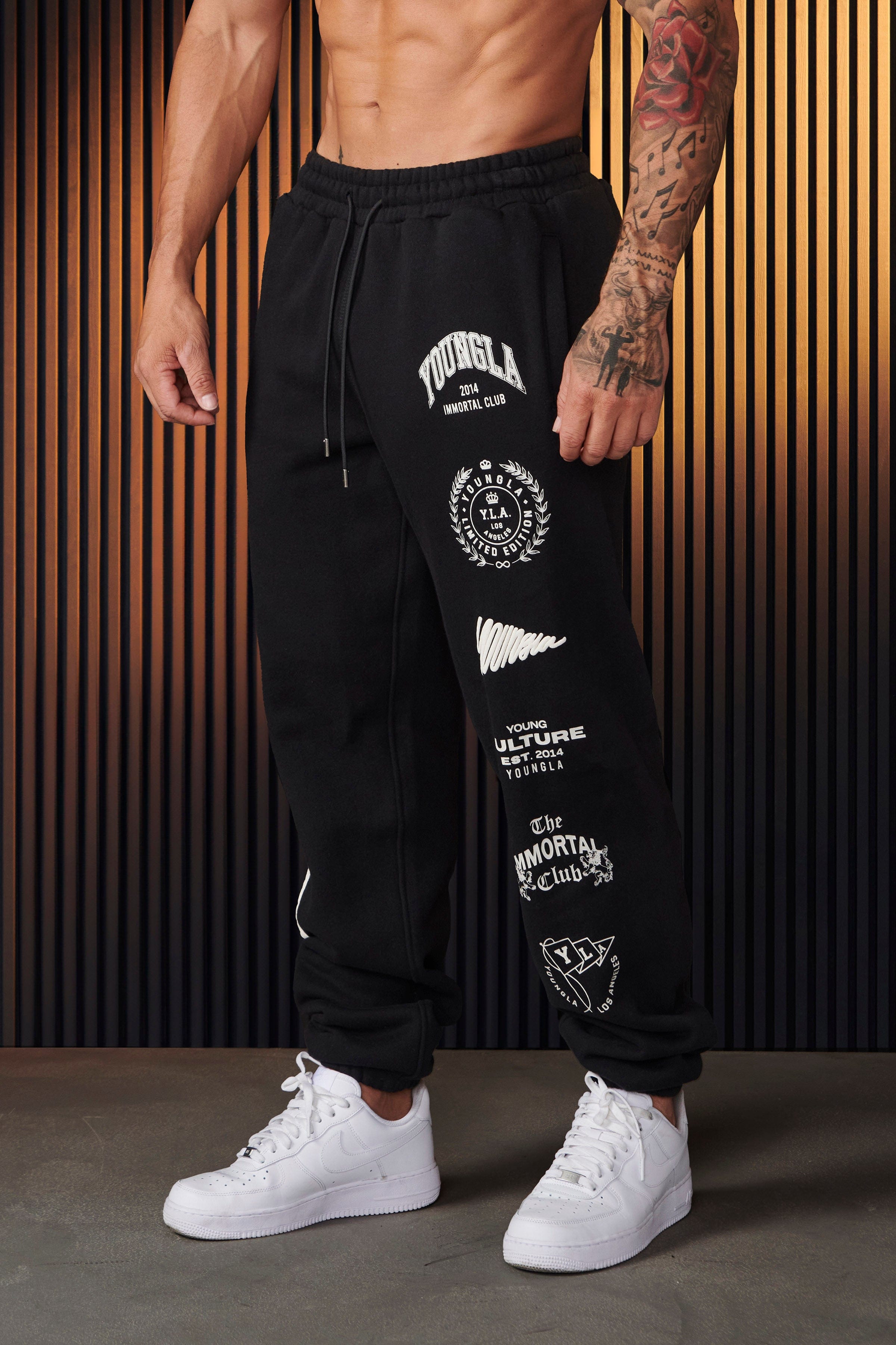 Front view of Immortal Killer Joggers with puff printed graphic for streetwear style