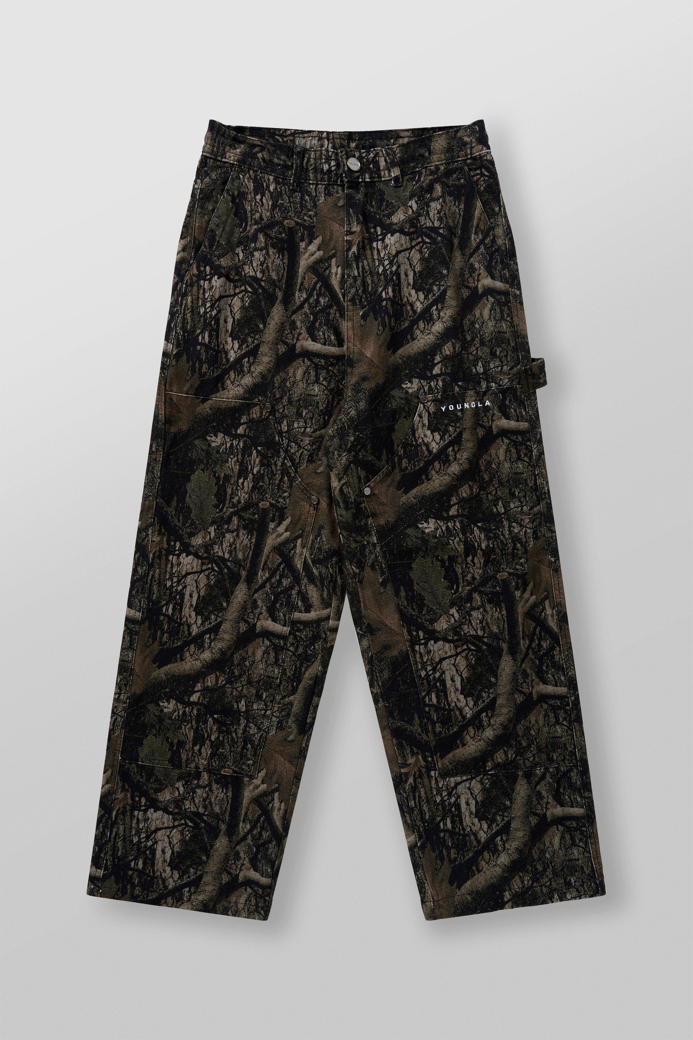 Front and back view of low-rise baggy jeans with camo print.