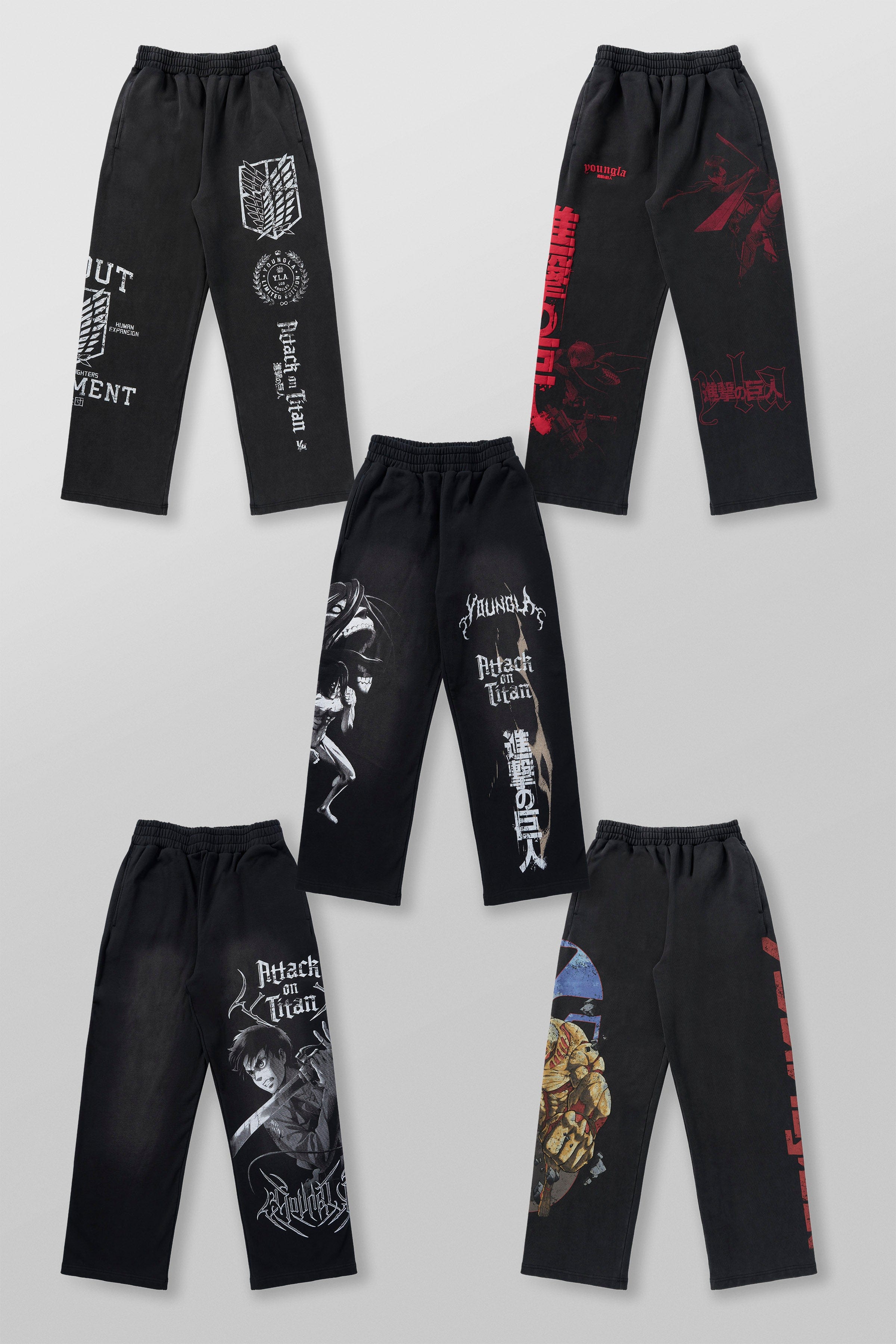 Close-up of Attack on Titan baggy joggers on display, highlighting the fabric and design.