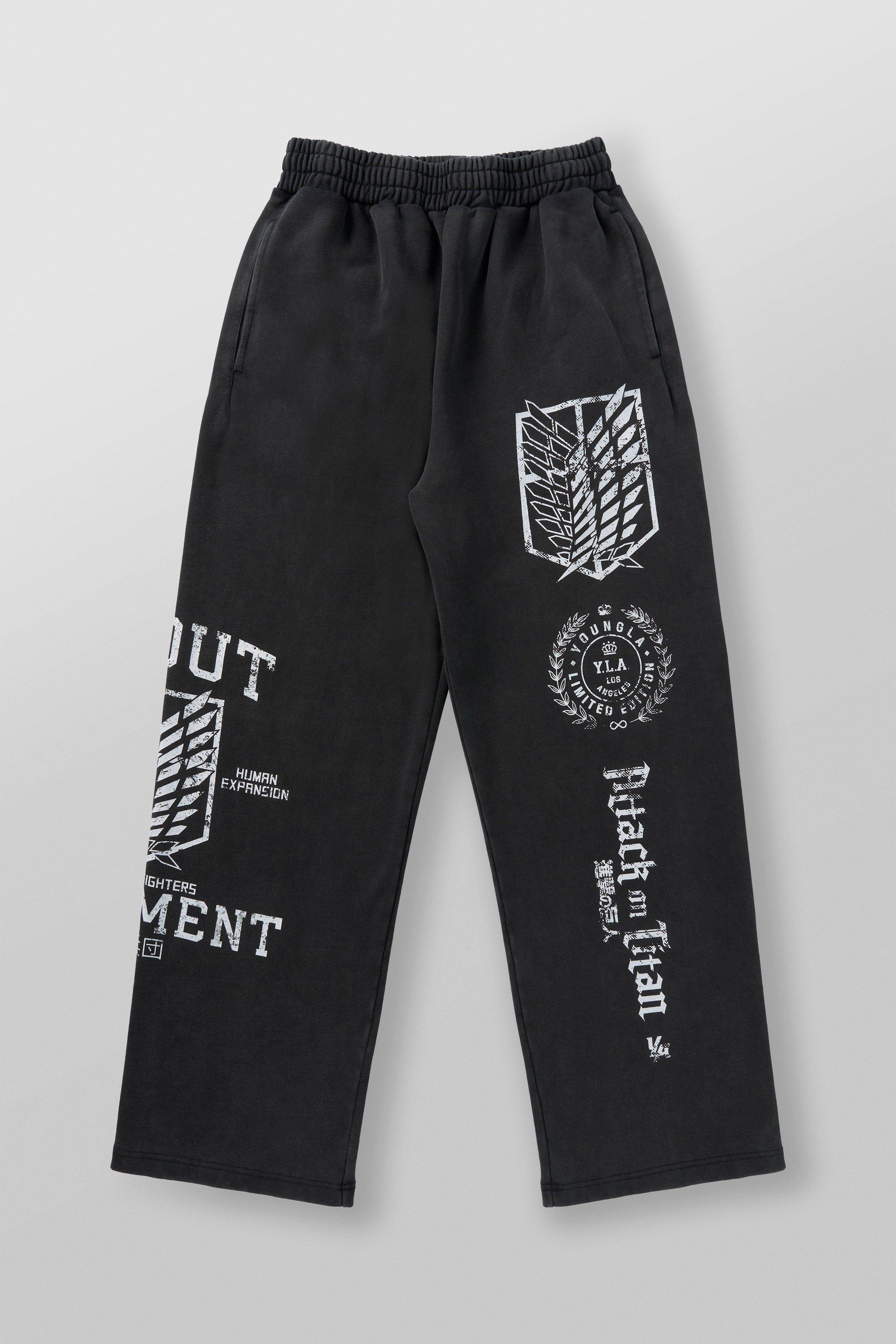 Close-up of Attack on Titan baggy joggers on display, highlighting the fabric and design.