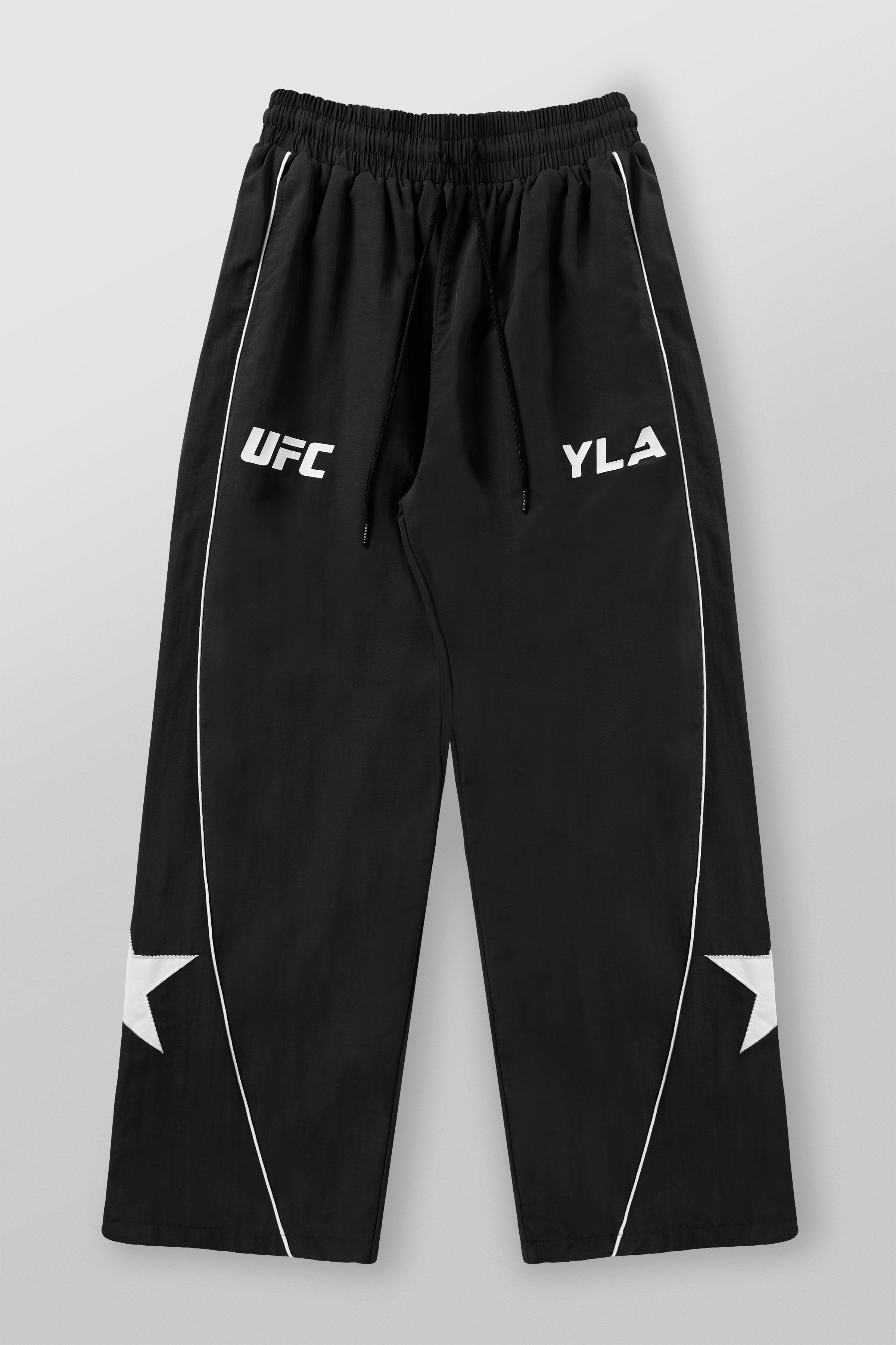 Close-up of the fabric and design details of the tracksuit pants