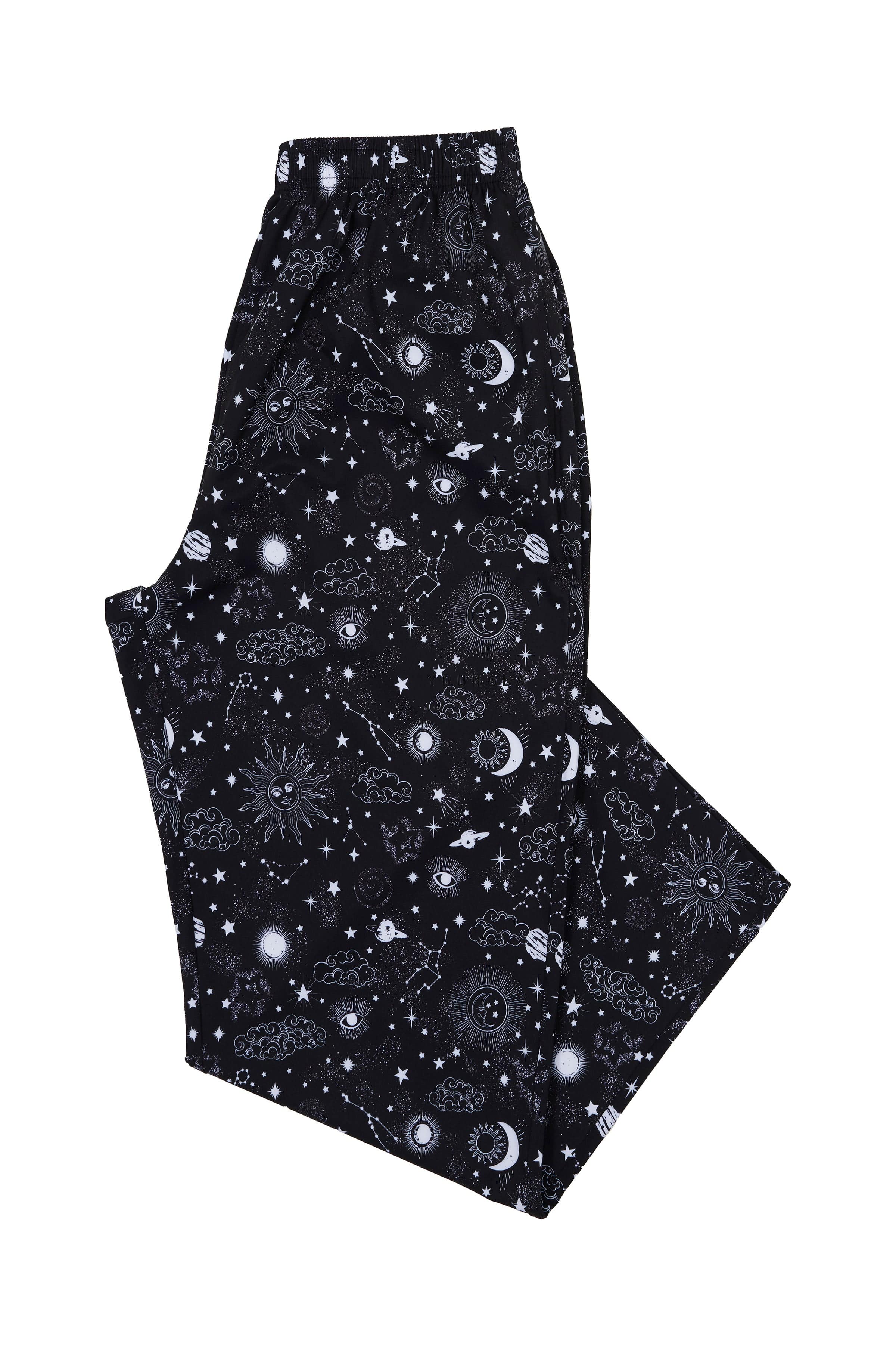 Front view of vintage bodybuilding style loose fit cargo pants with bold print