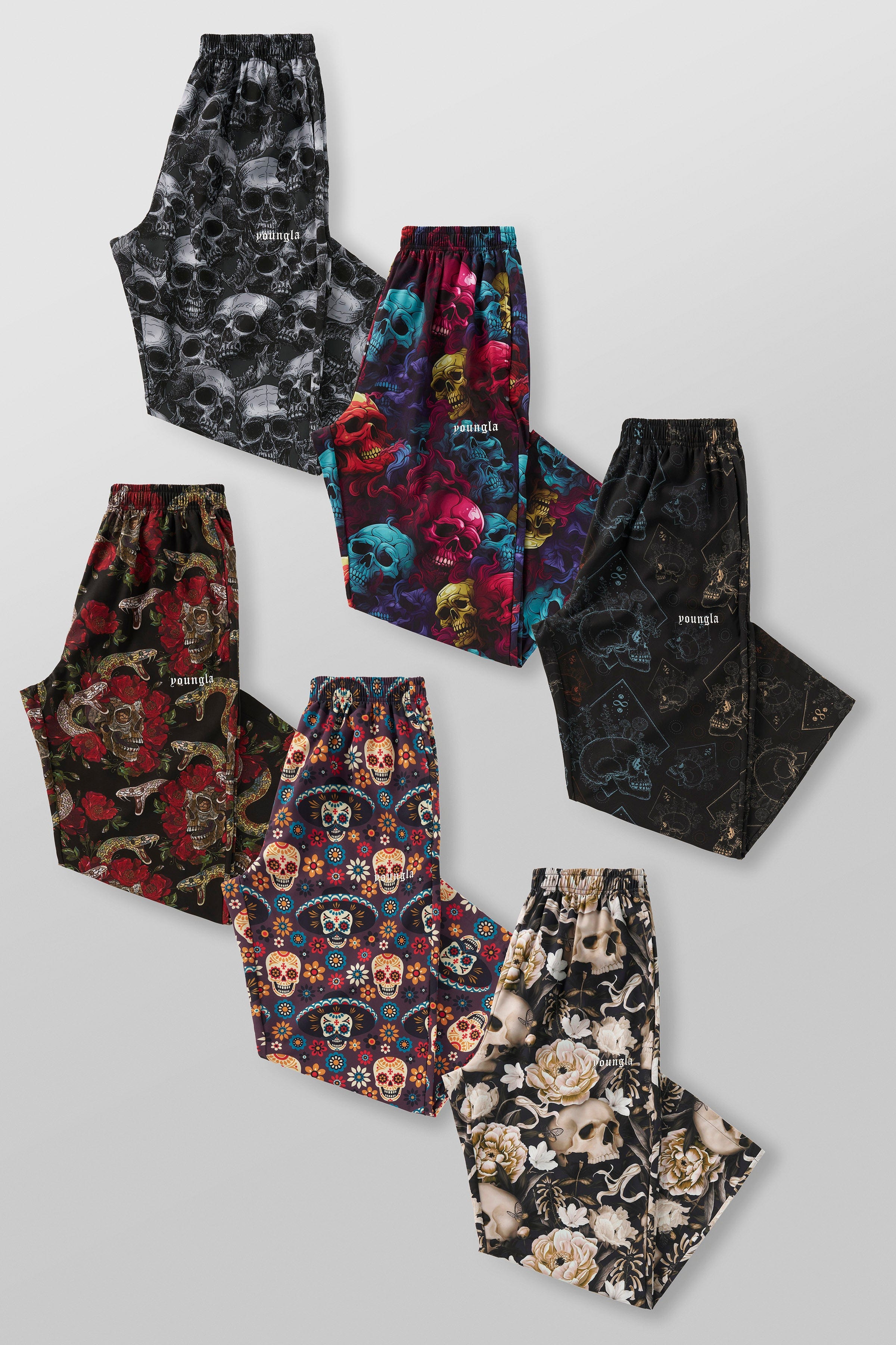 Front view of skull pants showing the edgy skull design, ideal for activewear enthusiasts