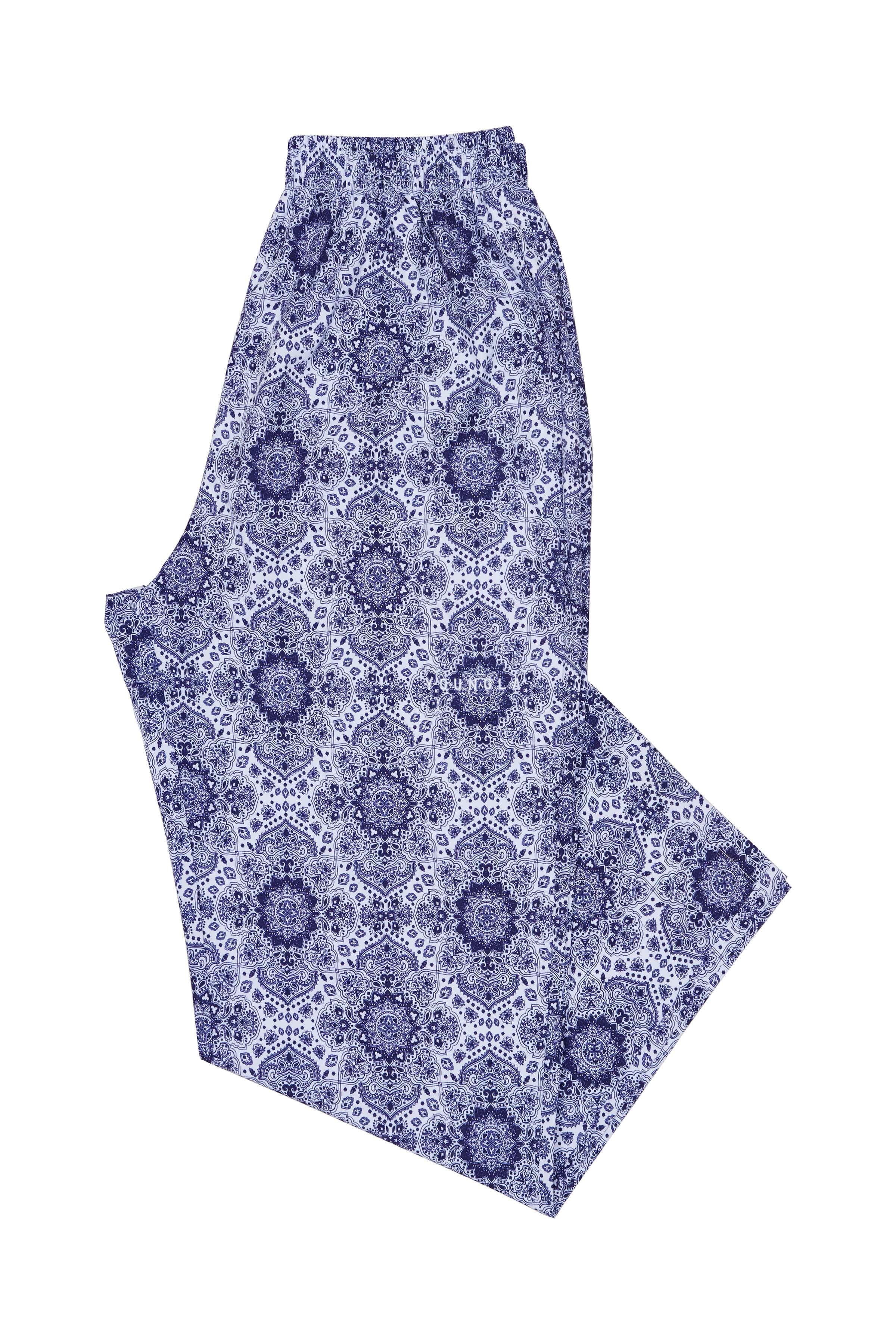 Side angle showing relaxed fit and patterned fabric for streetwear style