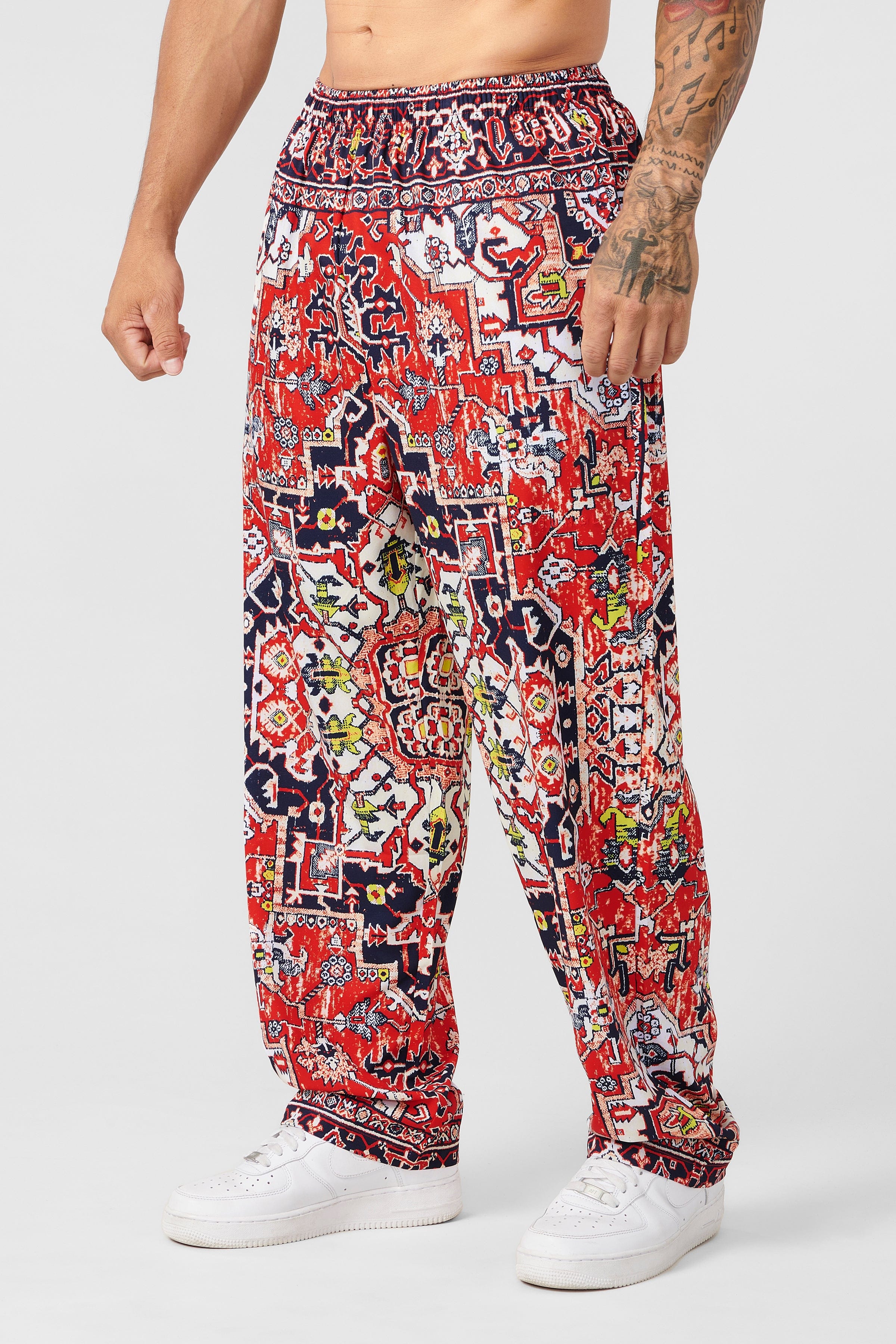 Side angle showing relaxed fit and patterned fabric for streetwear style