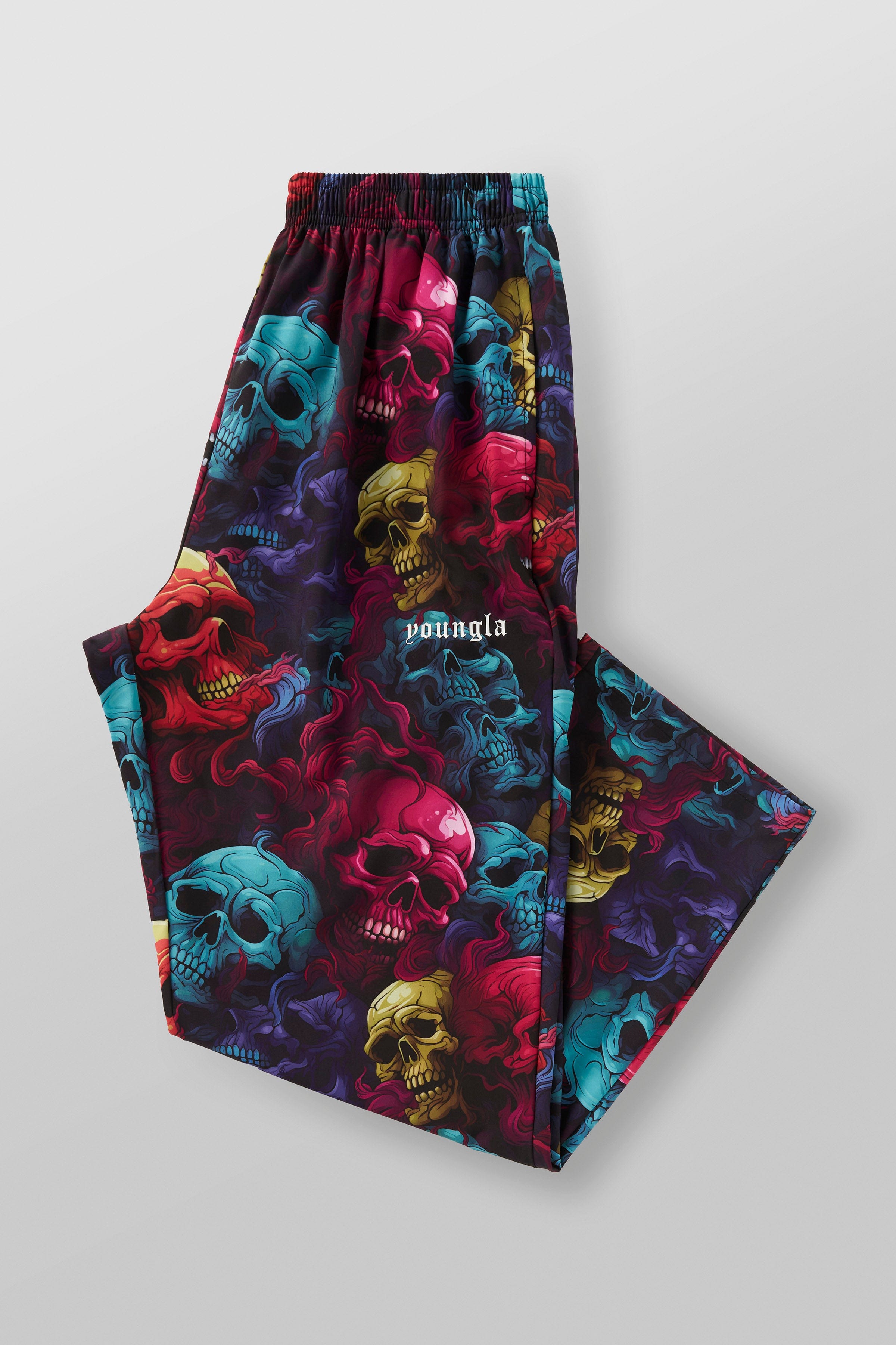 Front view of skull pants showing the edgy skull design, ideal for activewear enthusiasts