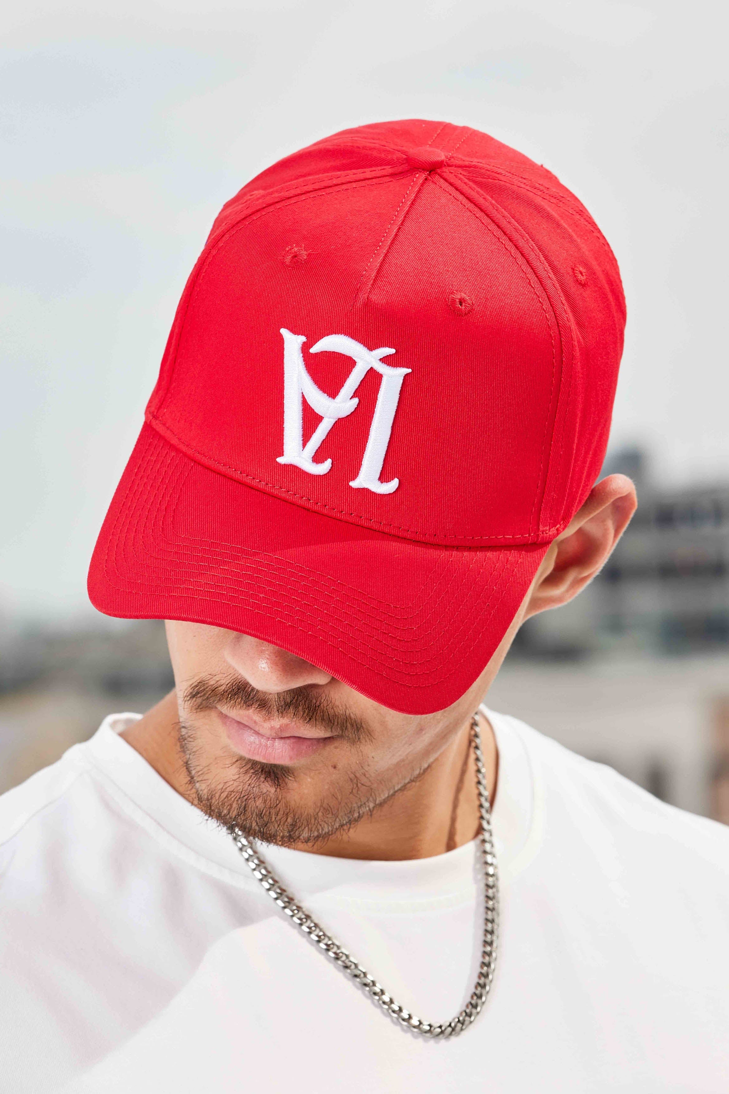 Front view of LA Reversed snapback hat showcasing premium embroidery.
