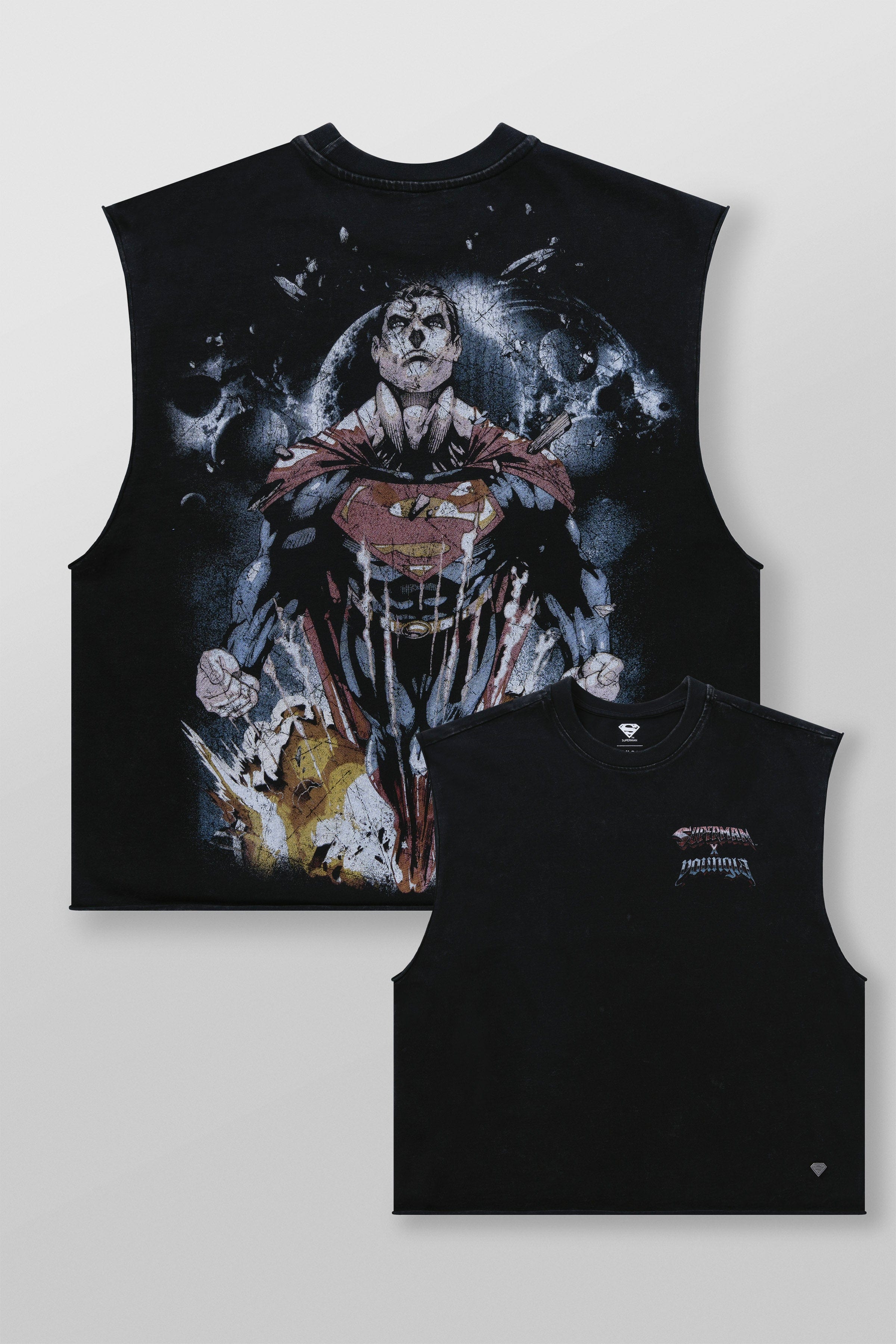 Model wearing Superman workout tank top during an exercise session.