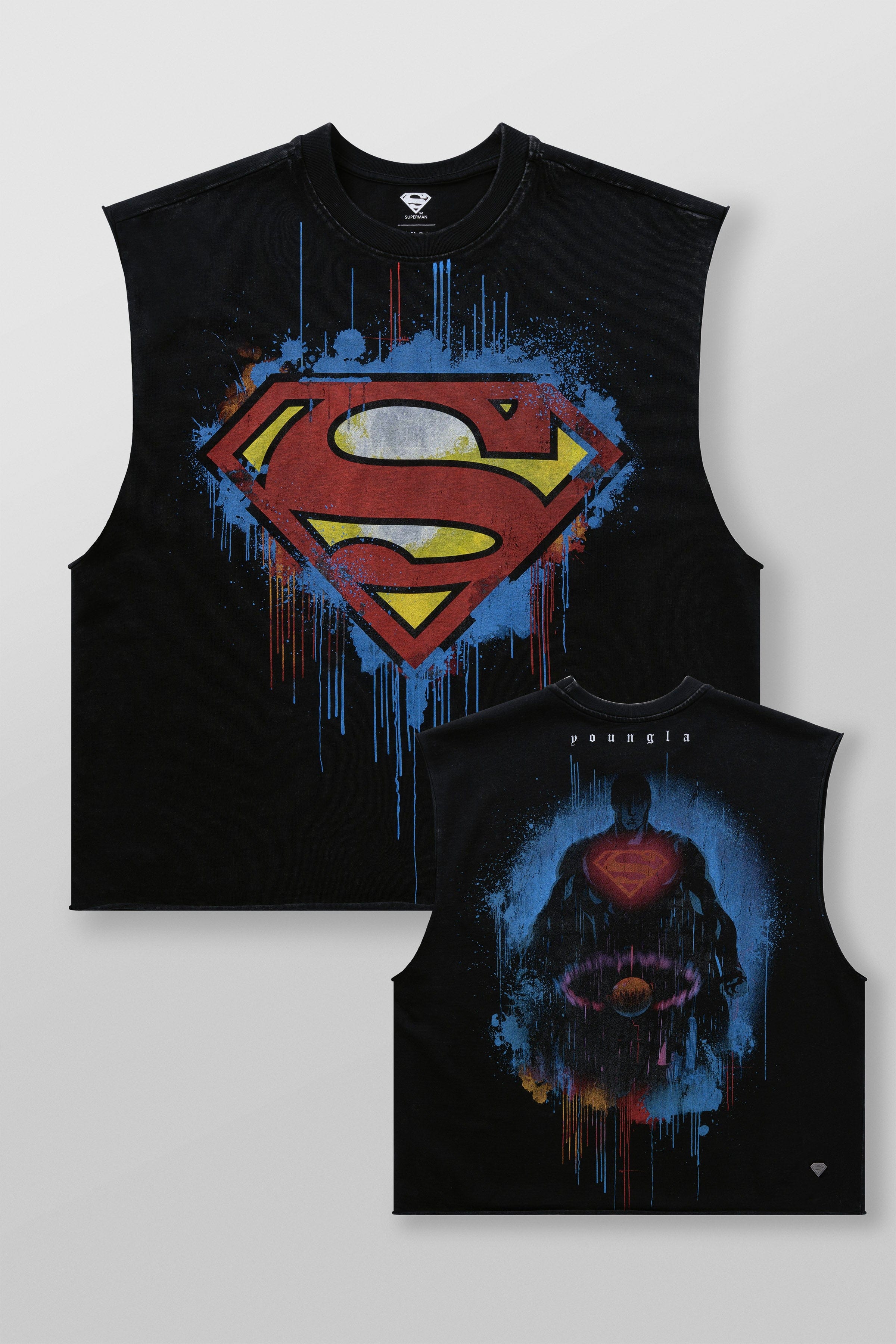 Front view of Superman workout cut-off tank top, perfect for training.