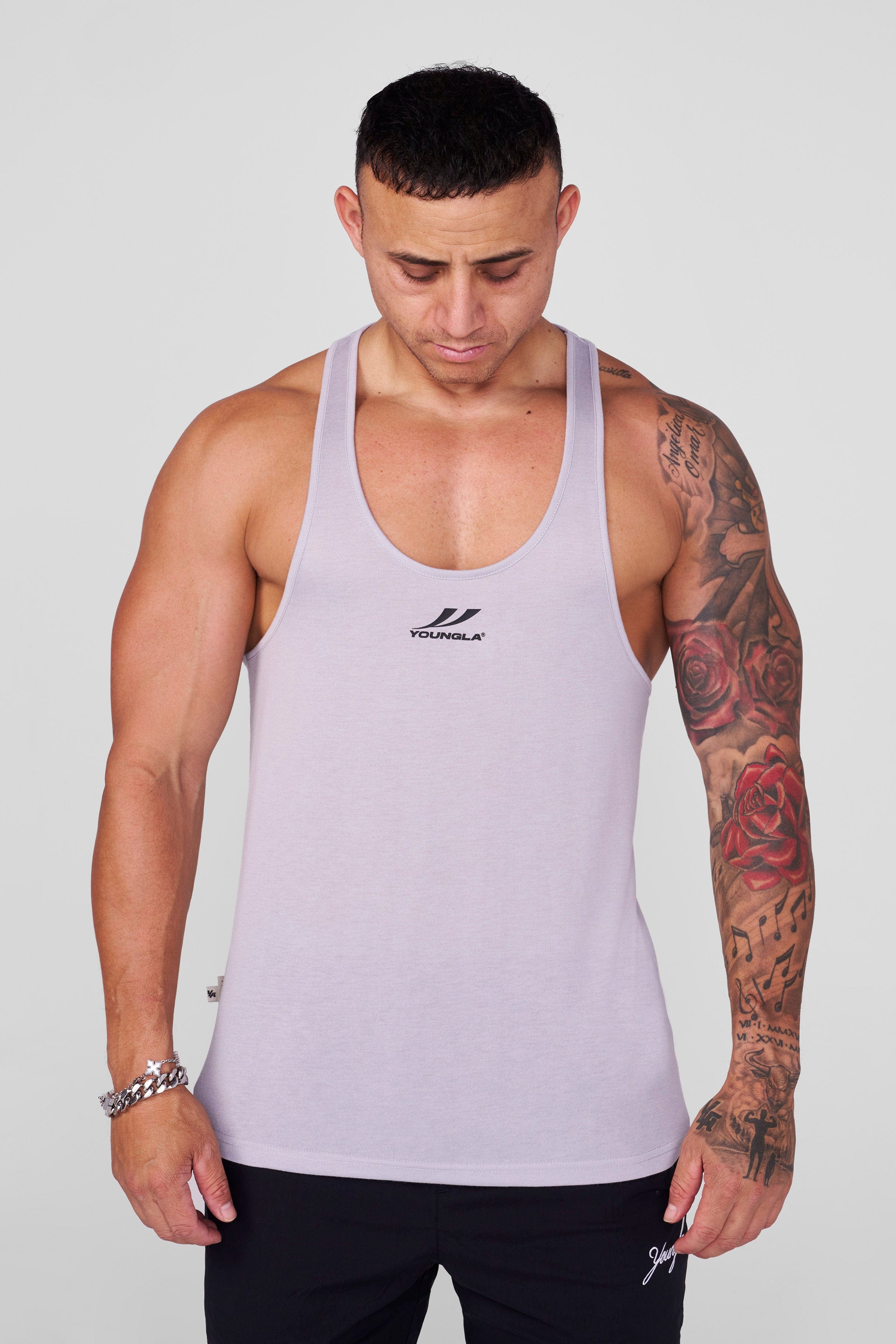 Close-up of breathable fabric used in y-back stringer gold gym style top