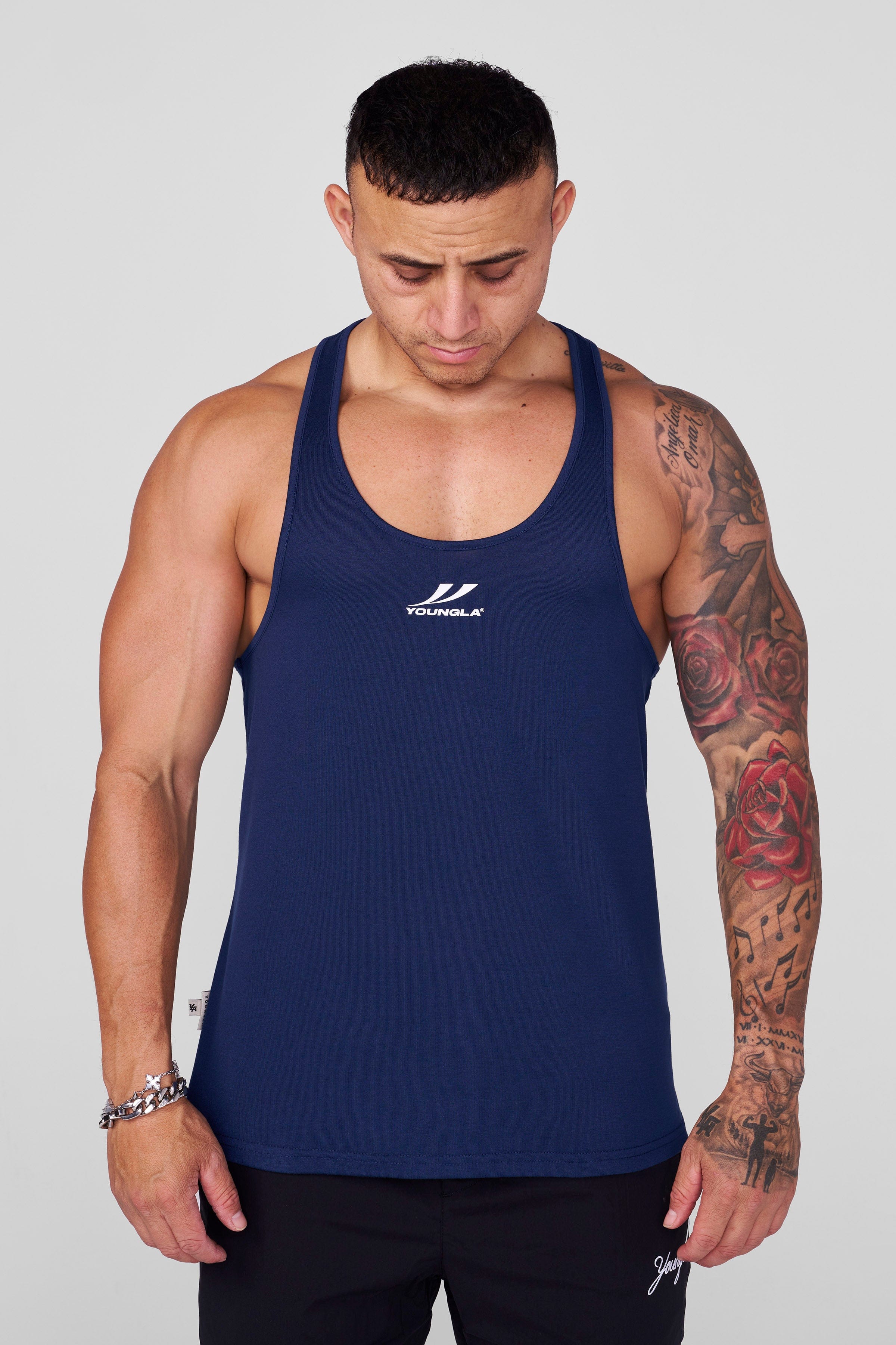 Front view of black mens gym stringer tank for intense upper body training