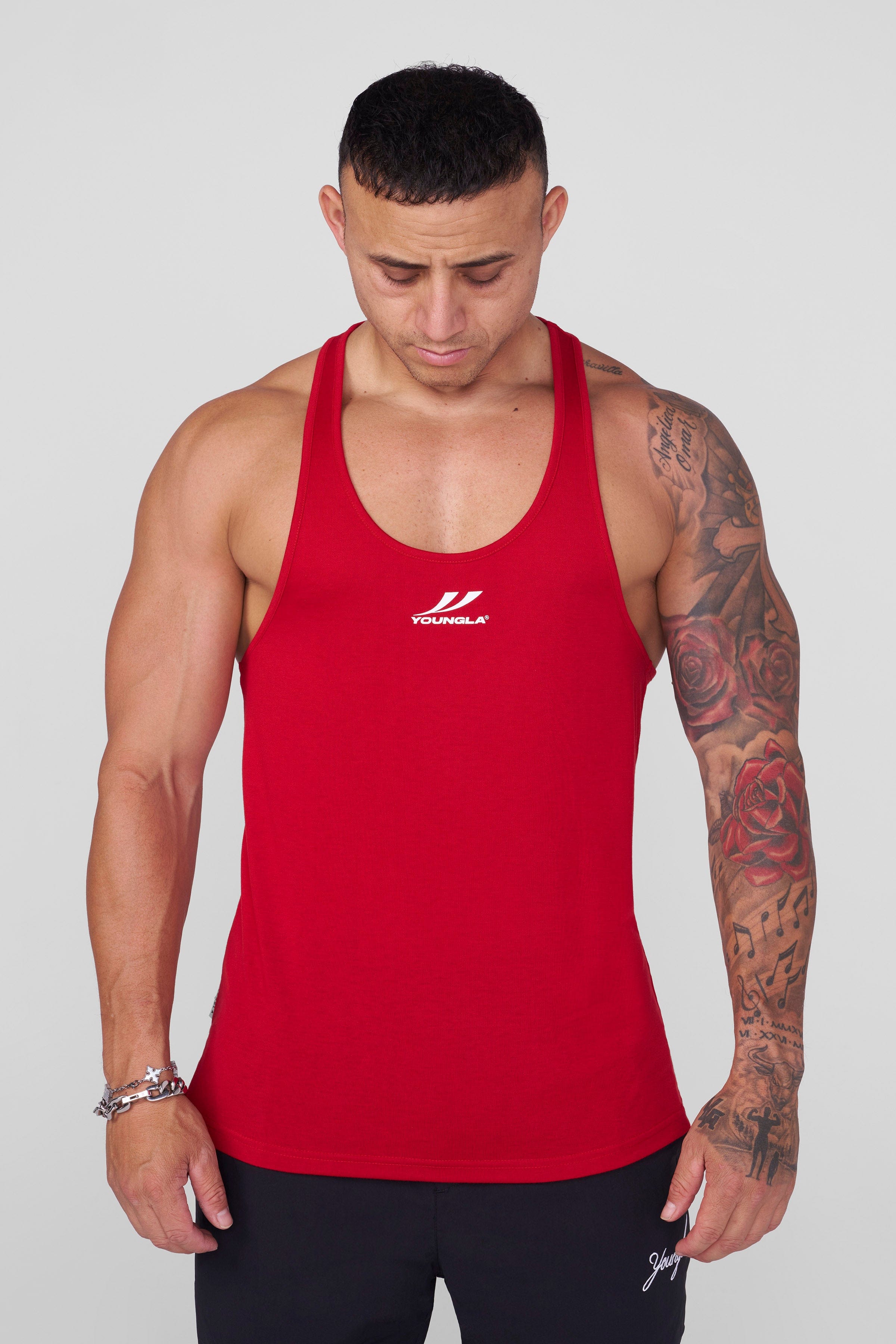 Close-up of breathable fabric used in y-back stringer gold gym style top
