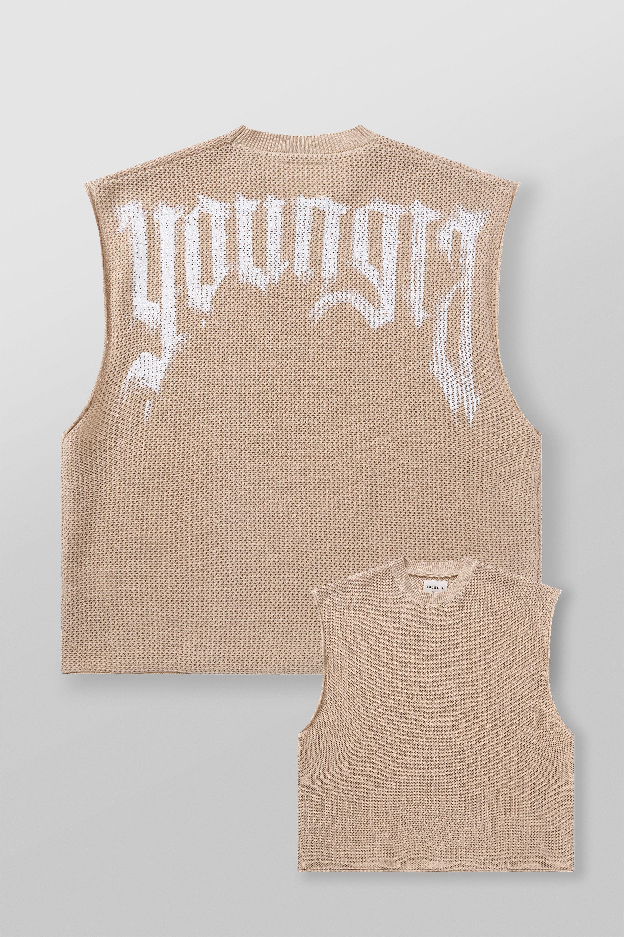 Front view of the knit tank top with sleeveless design and cropped length