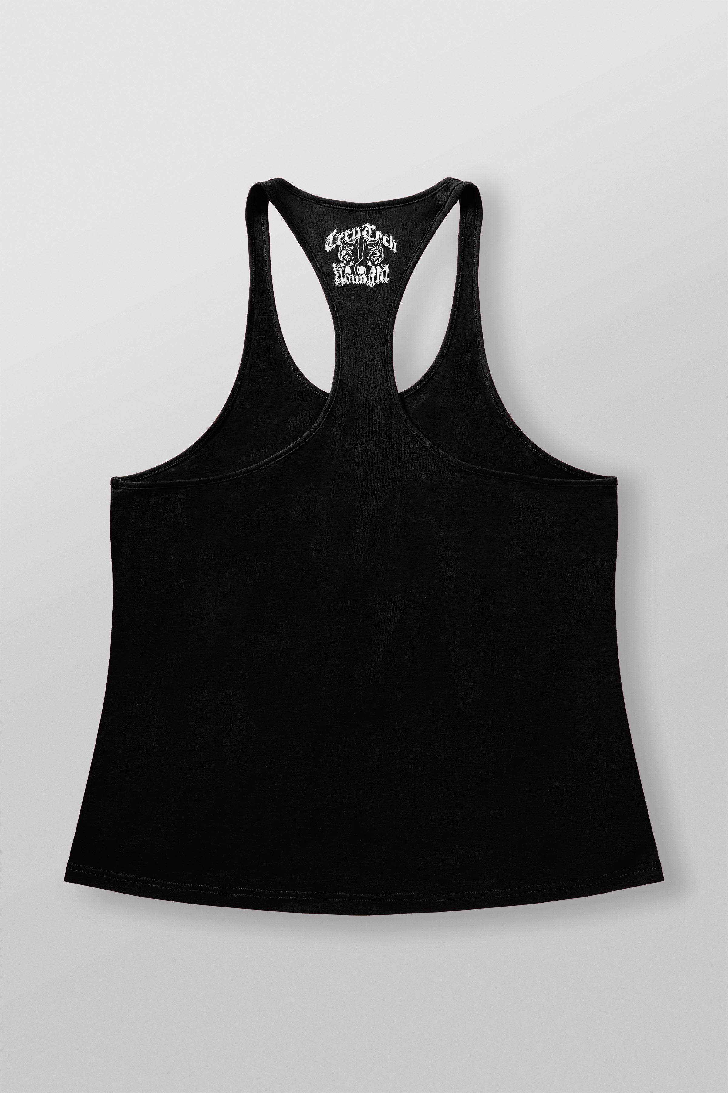 Back angle of the gym tank top with stretchable fabric detail