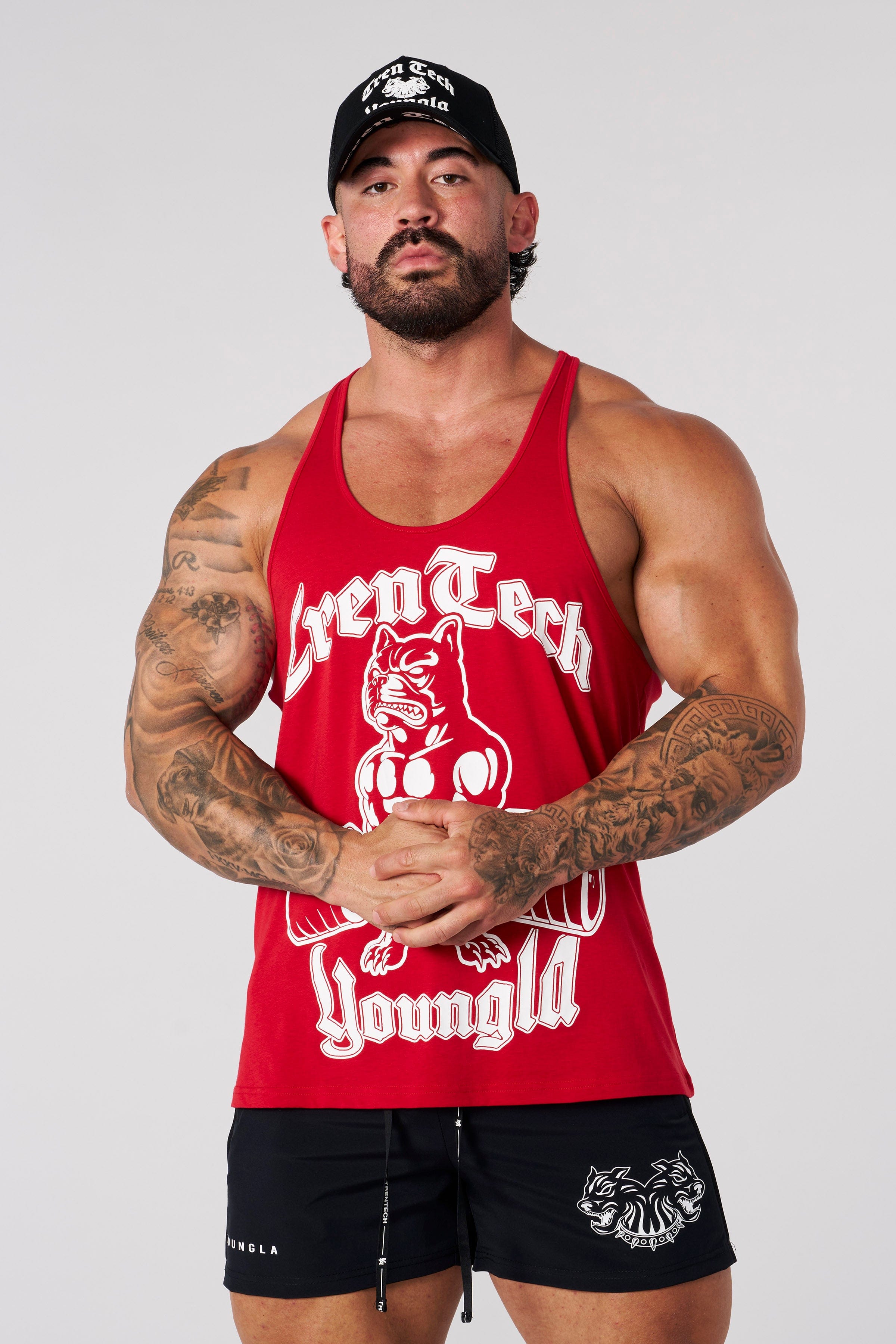 Side view of the fitness stringer highlighting deltoids and chest