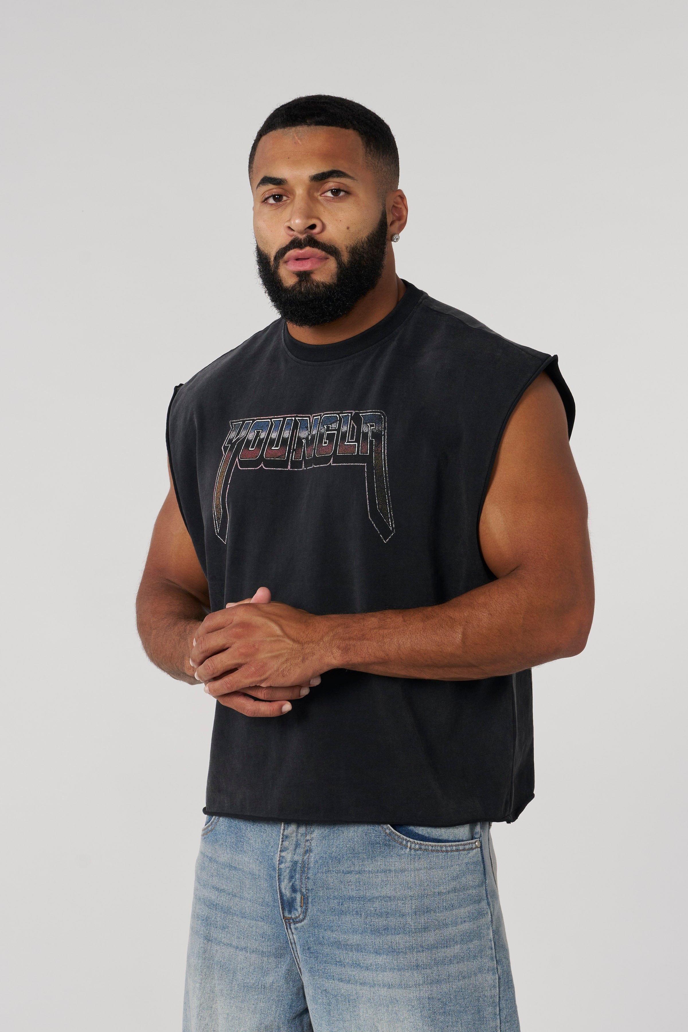 Close-up of distressed graphic on retro biker tank top