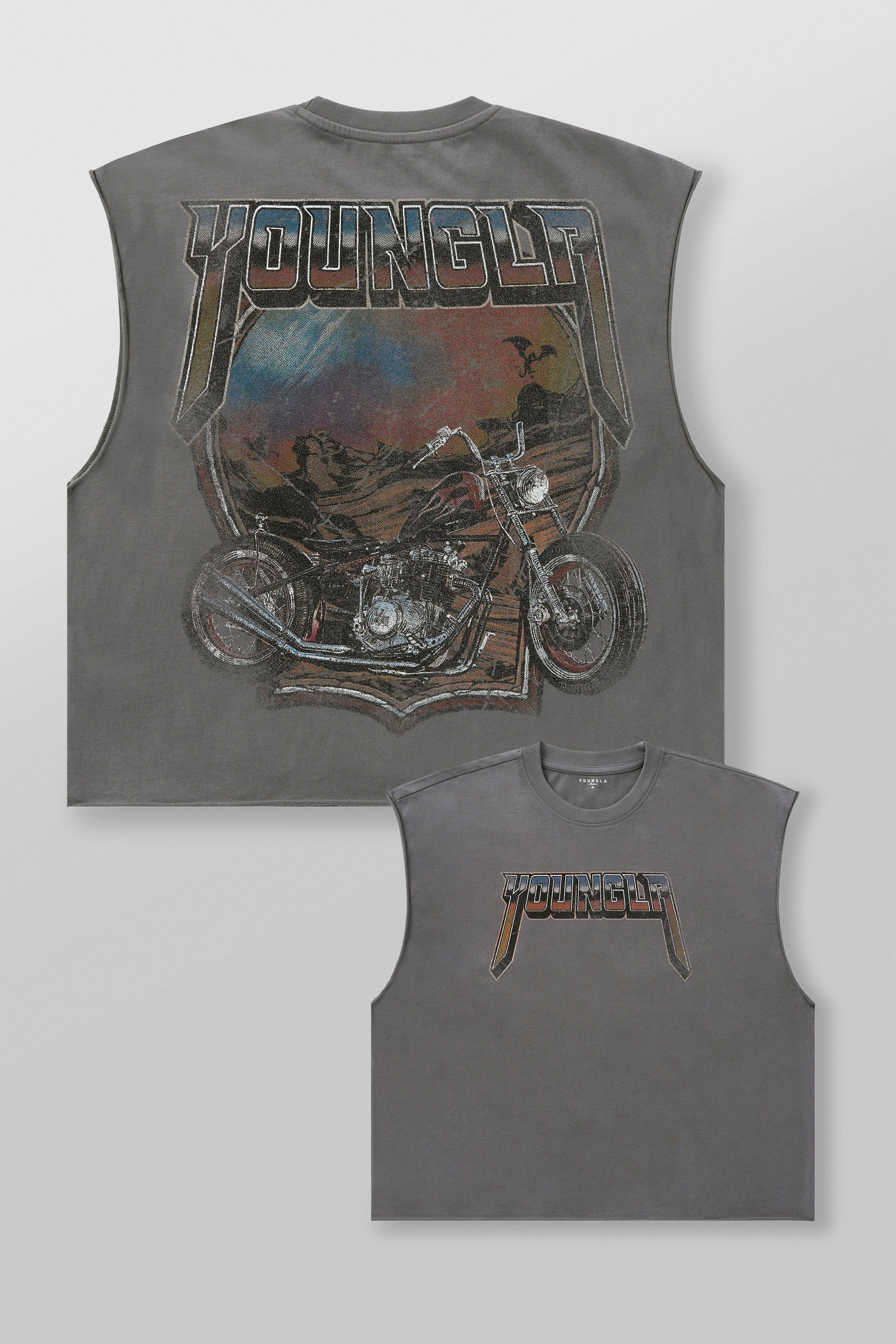 Close-up of distressed graphic on retro biker tank top