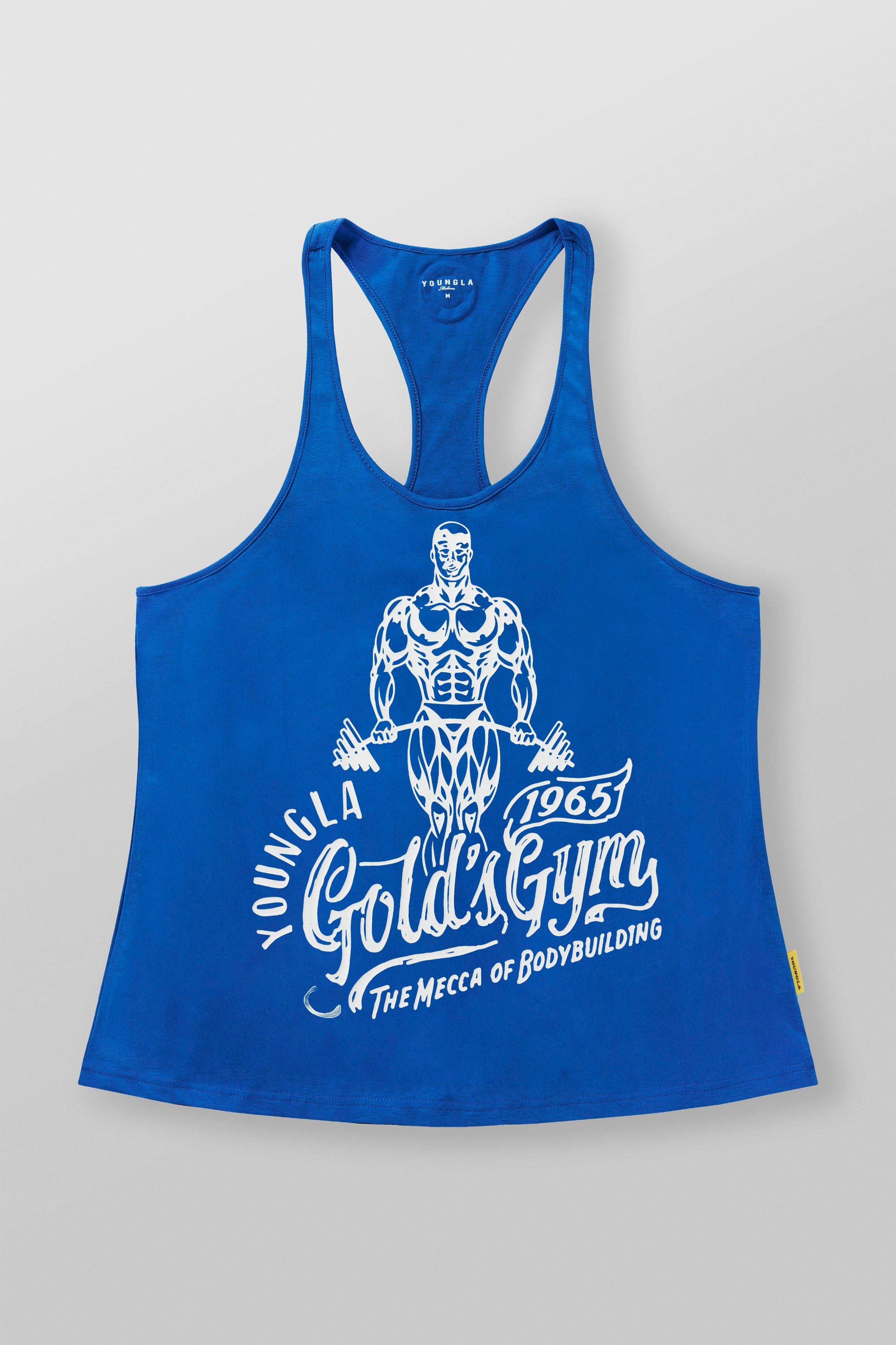 Back view of the Golds Gym stringer tank top on a model at the gym.