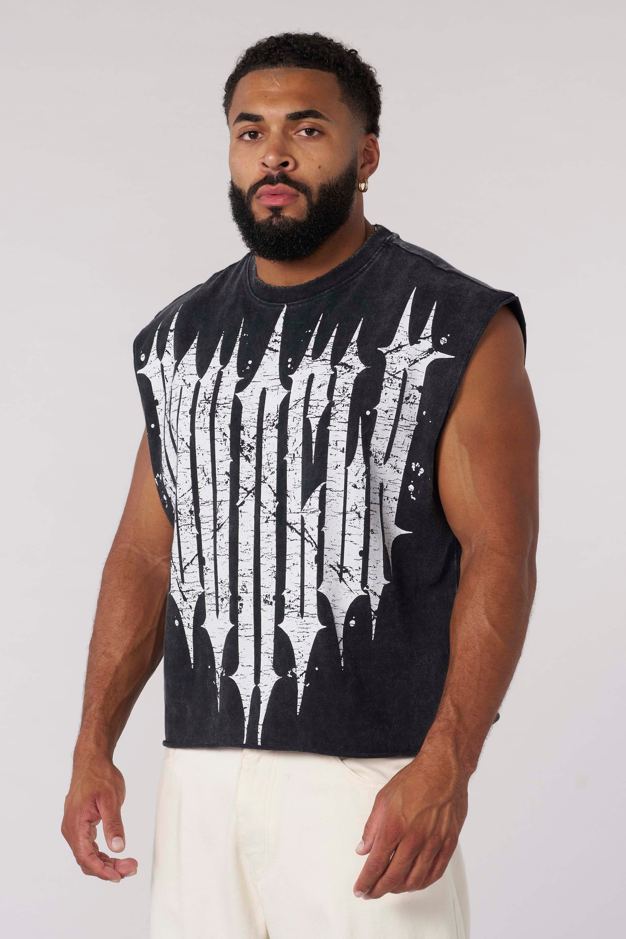 Front view of the Revenge Distressed Crop Tank Top showcasing the logo.