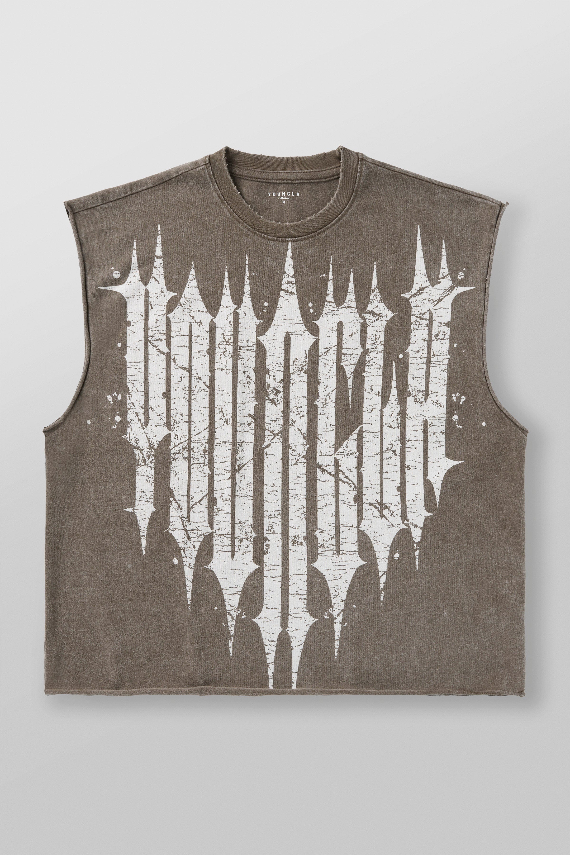 Front view of the Revenge Distressed Crop Tank Top showcasing the logo.