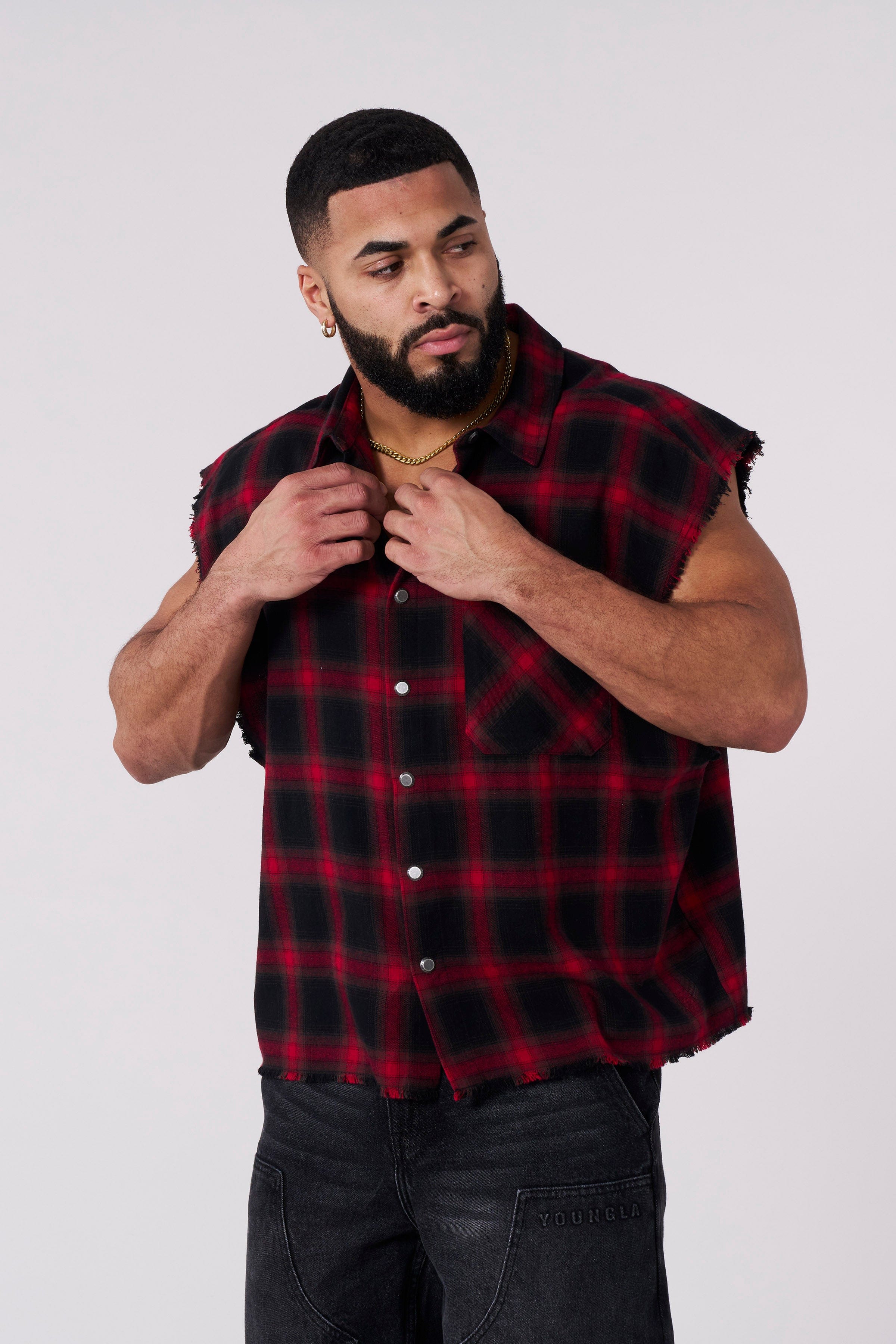 Front view of vintage-inspired flannel shirt jacket on model