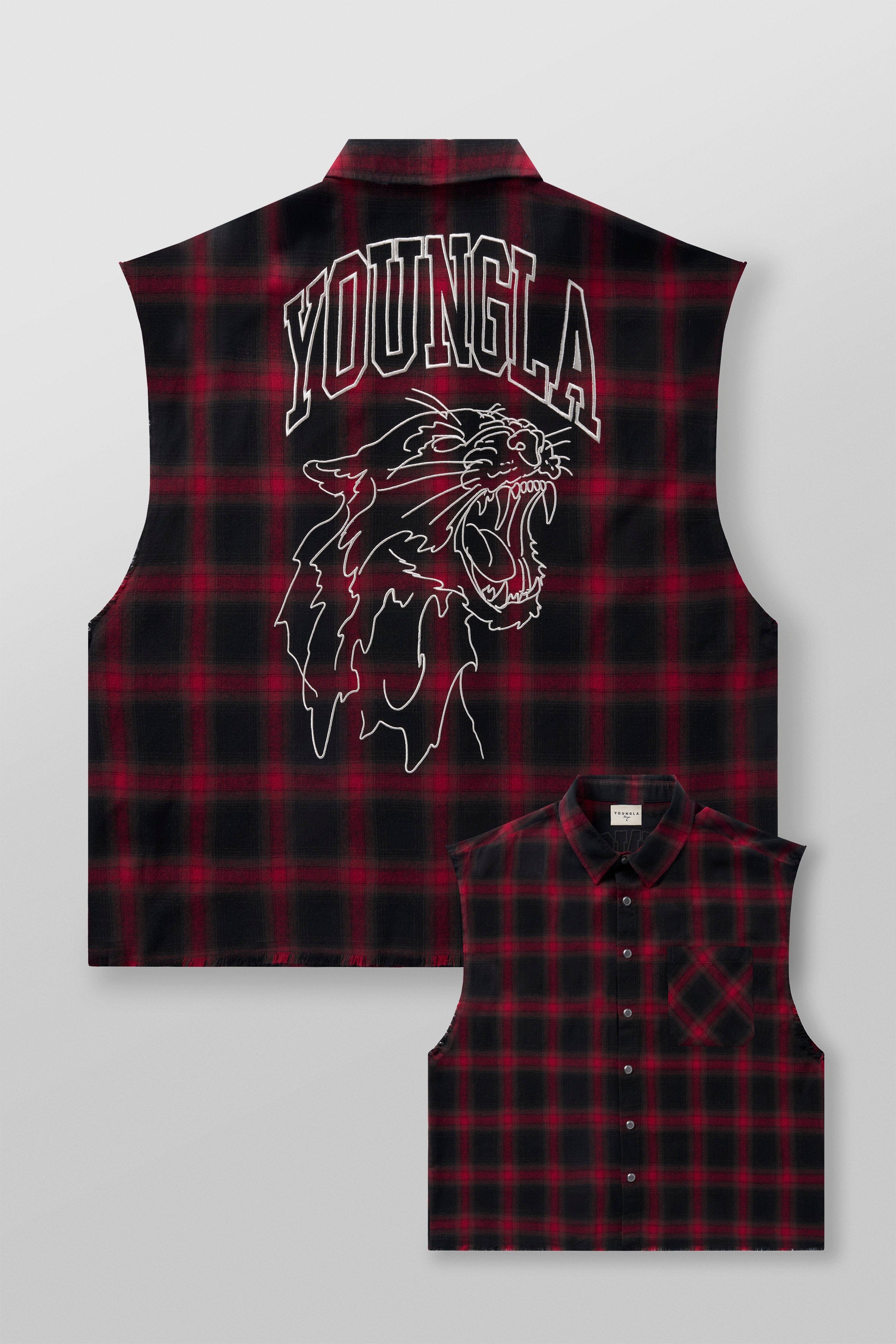 Close-up of the raw-cut sleeves of the flannel shirt jacket
