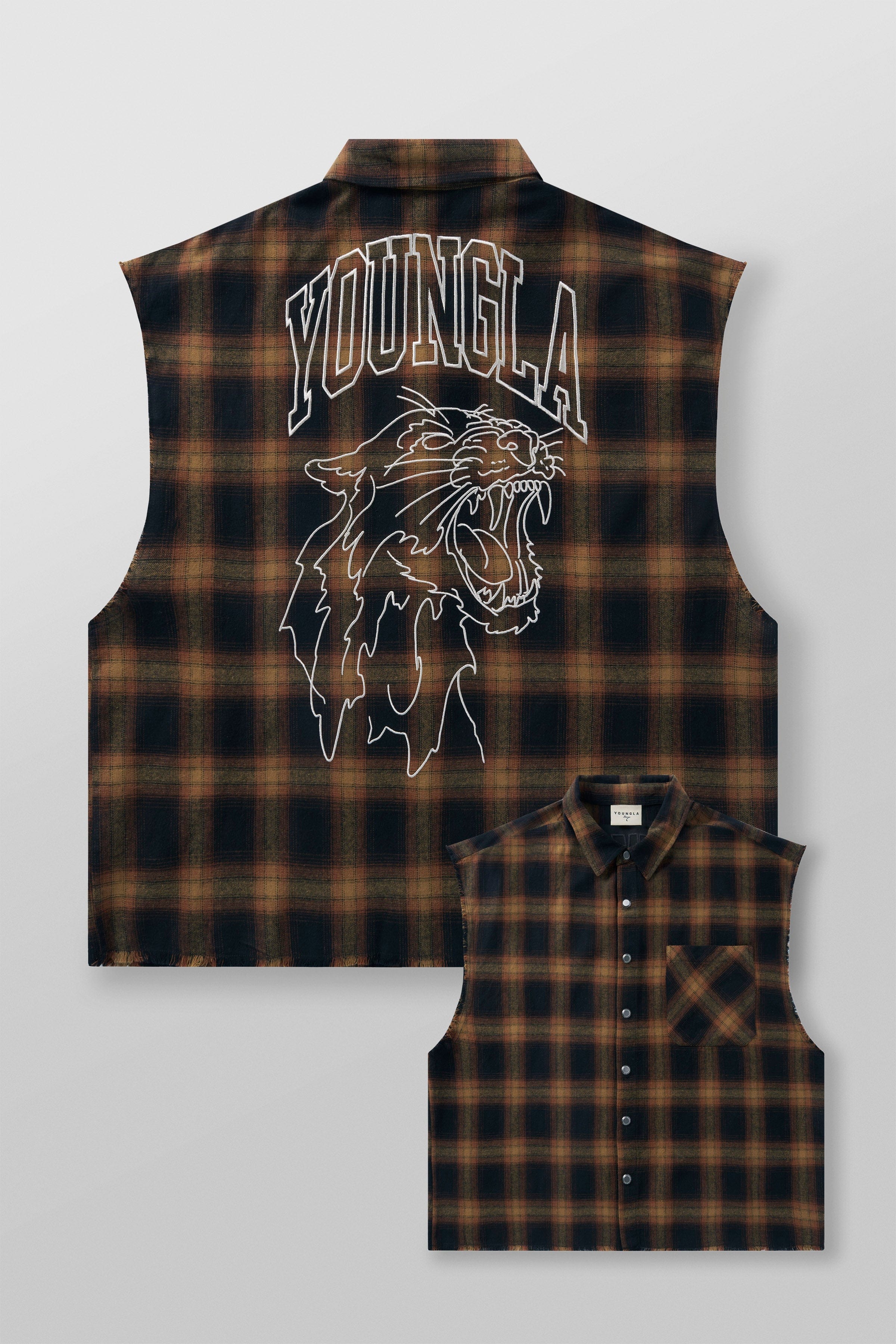 Close-up of the raw-cut sleeves of the flannel shirt jacket