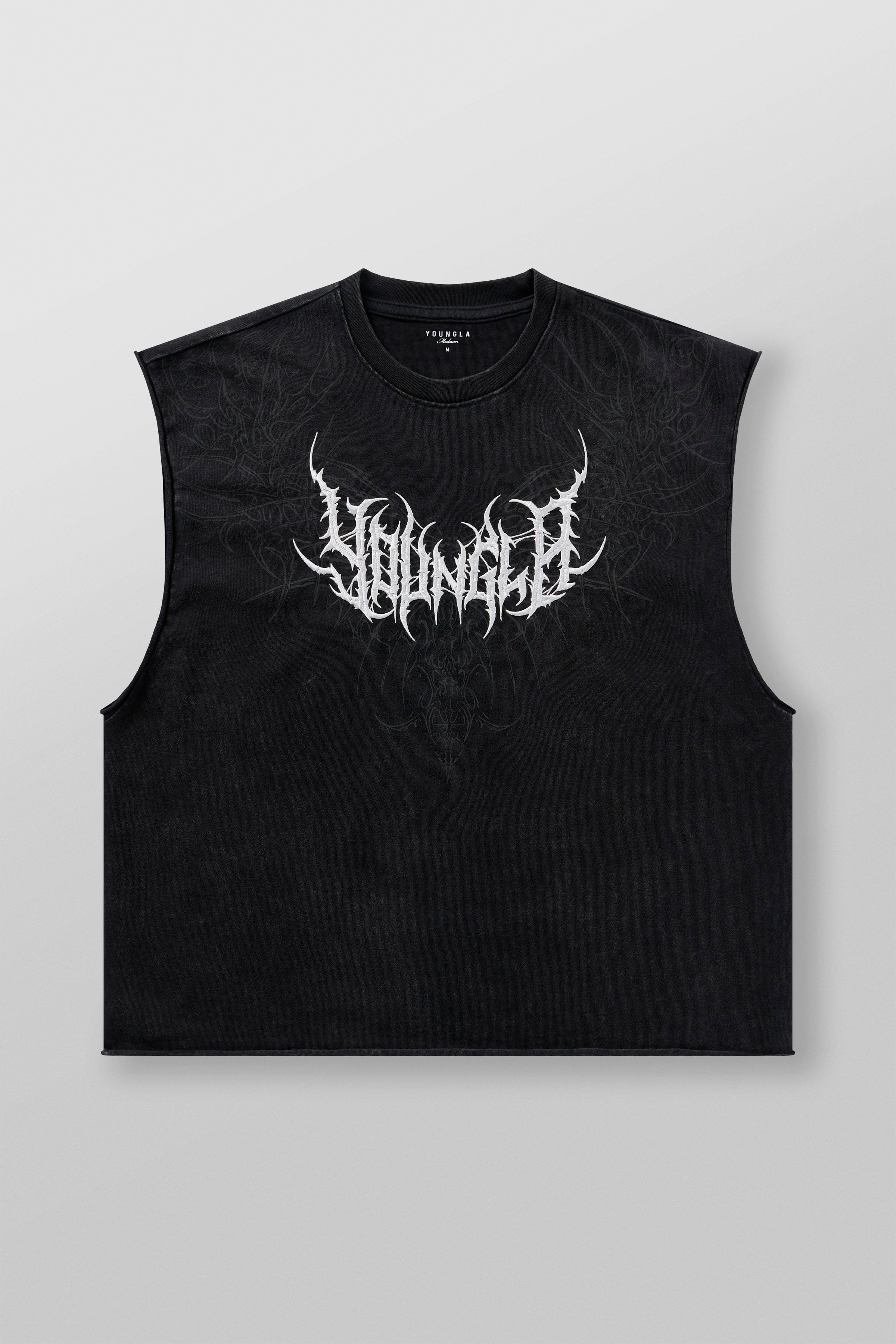 Front view of Dark Wave sleeveless graphic t-shirt with tribal print.