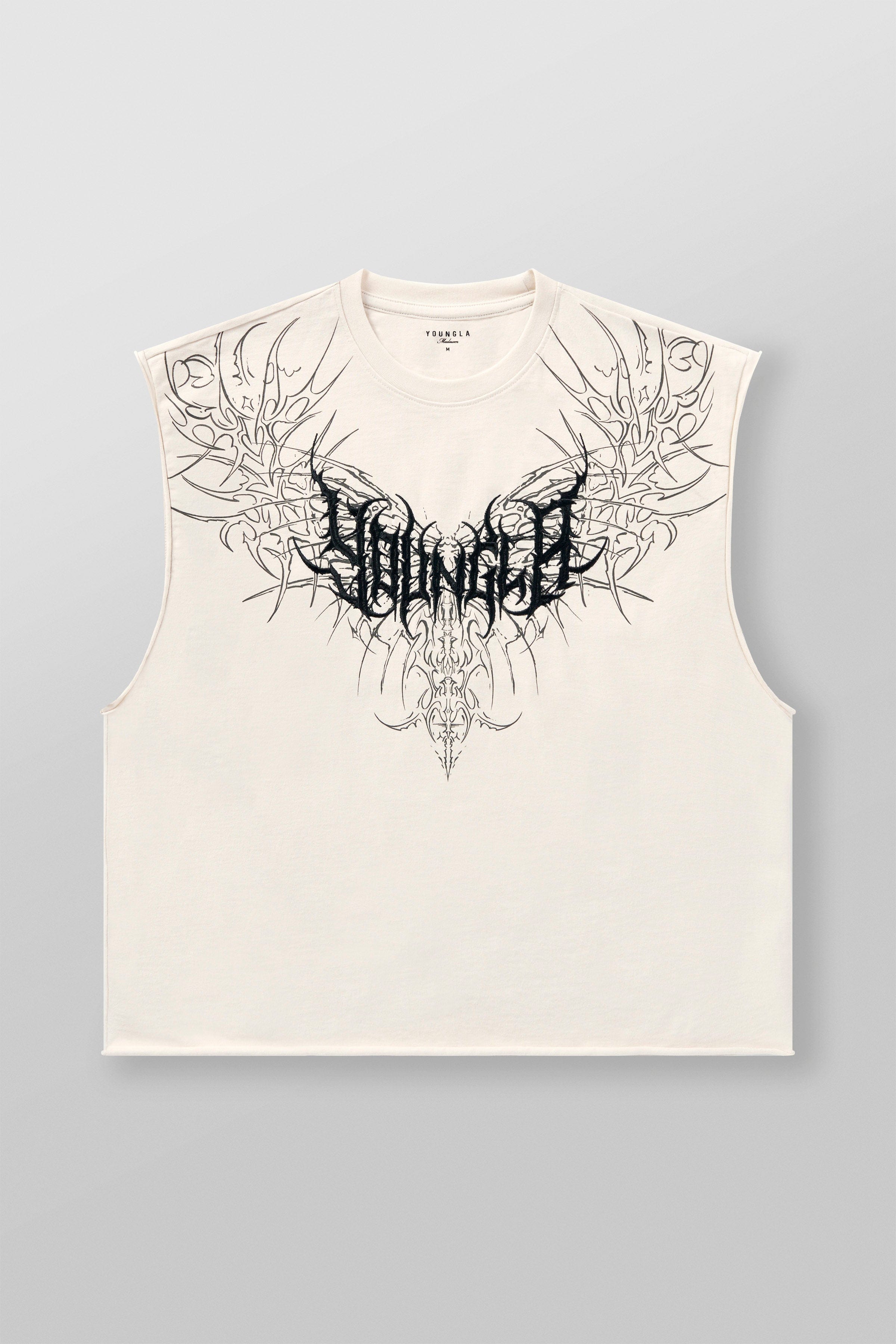 Close-up of the textured embroidery logo on the sleeveless shirt.