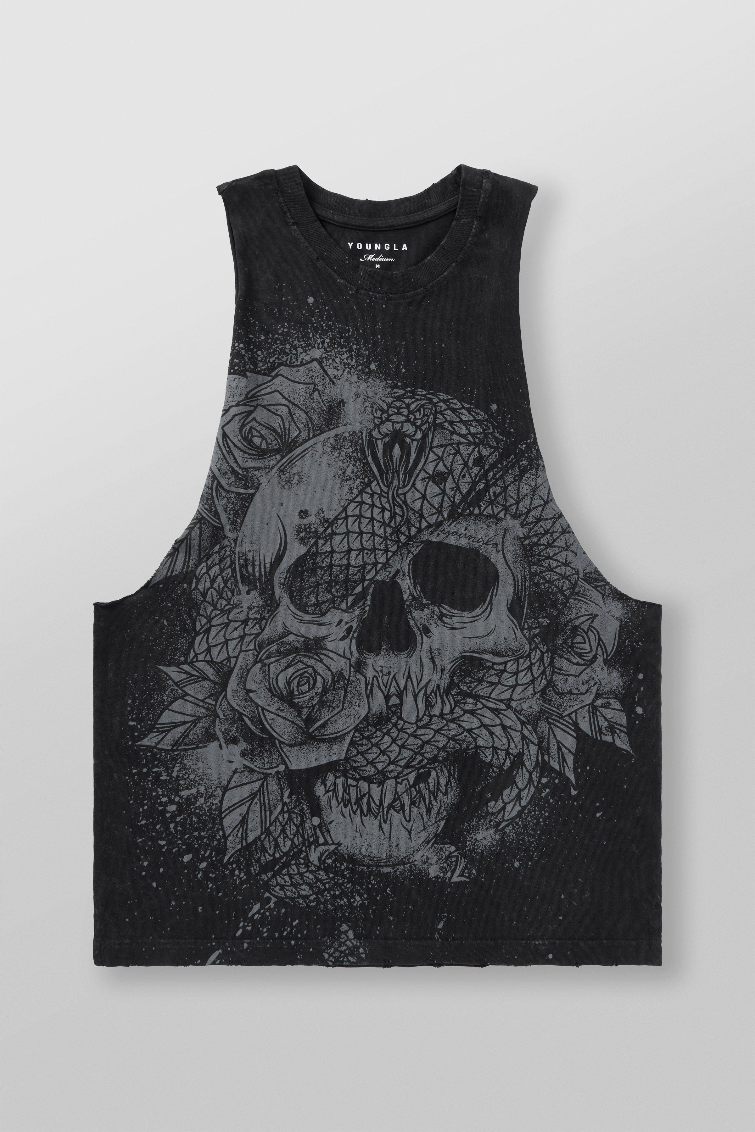 Front view of mens tank top in gym setting, showcasing bold graphics