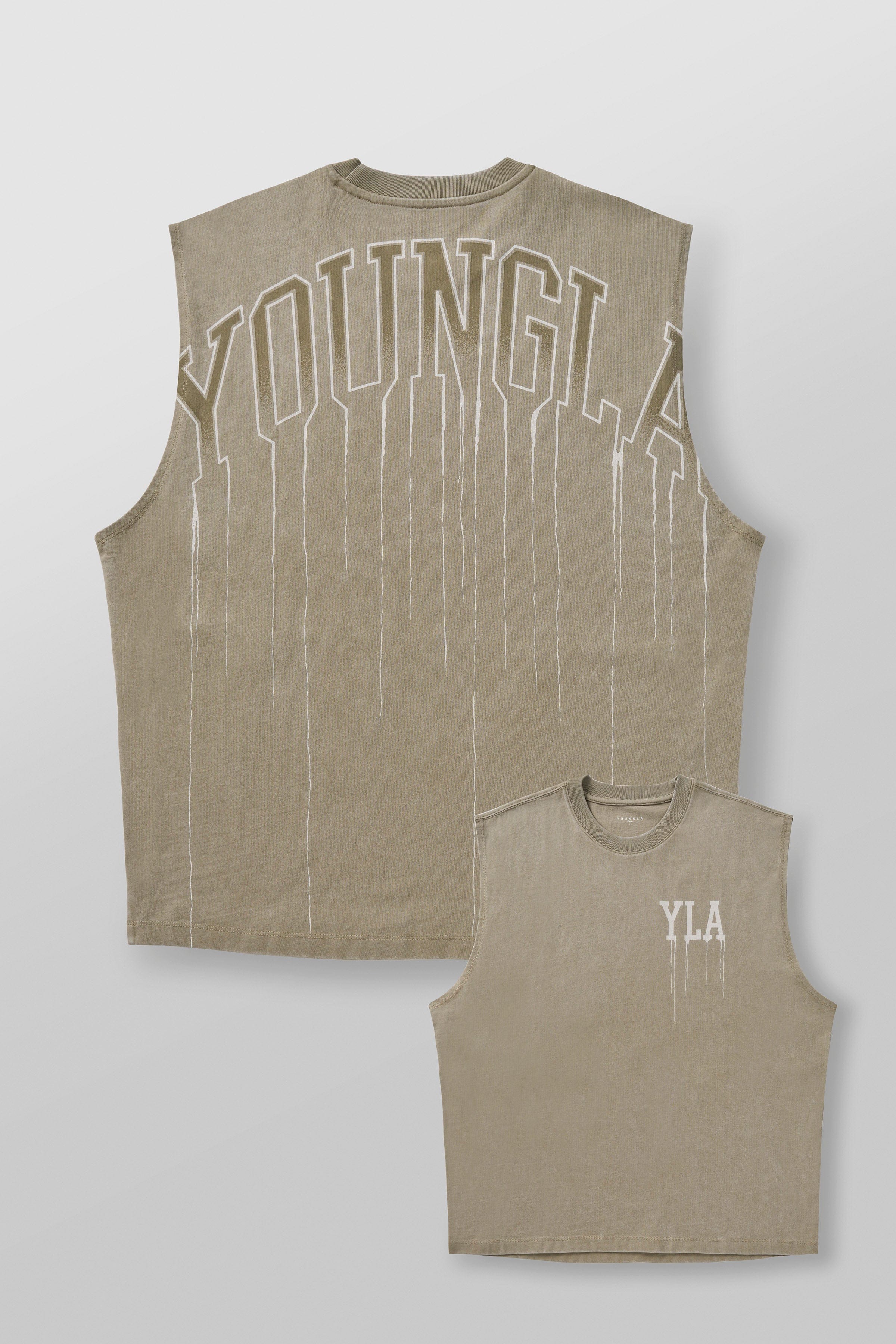 Back view of the muscle tank showing the drip print design